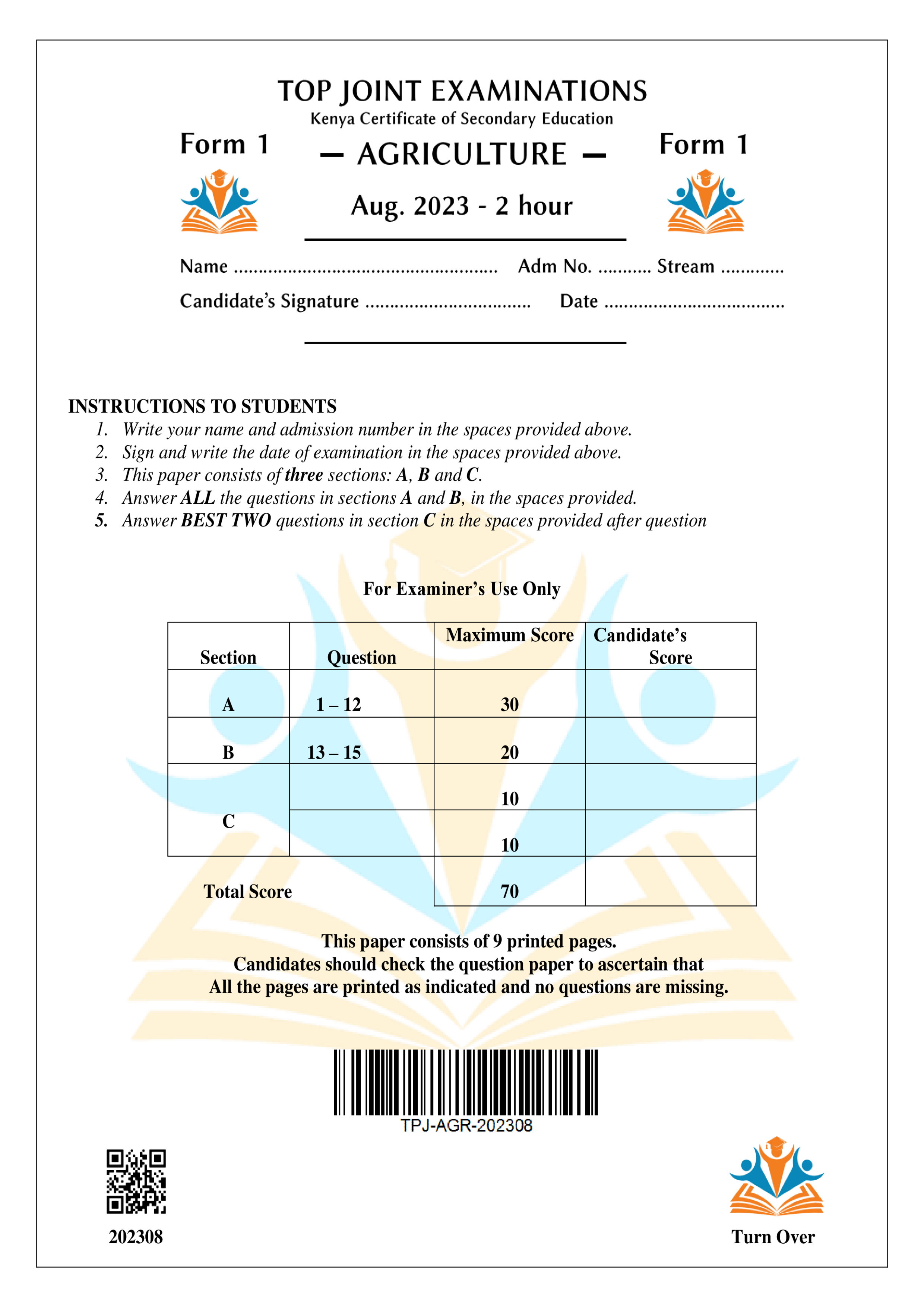 AGRICULTURE FORM 1 END TERM 2 2023