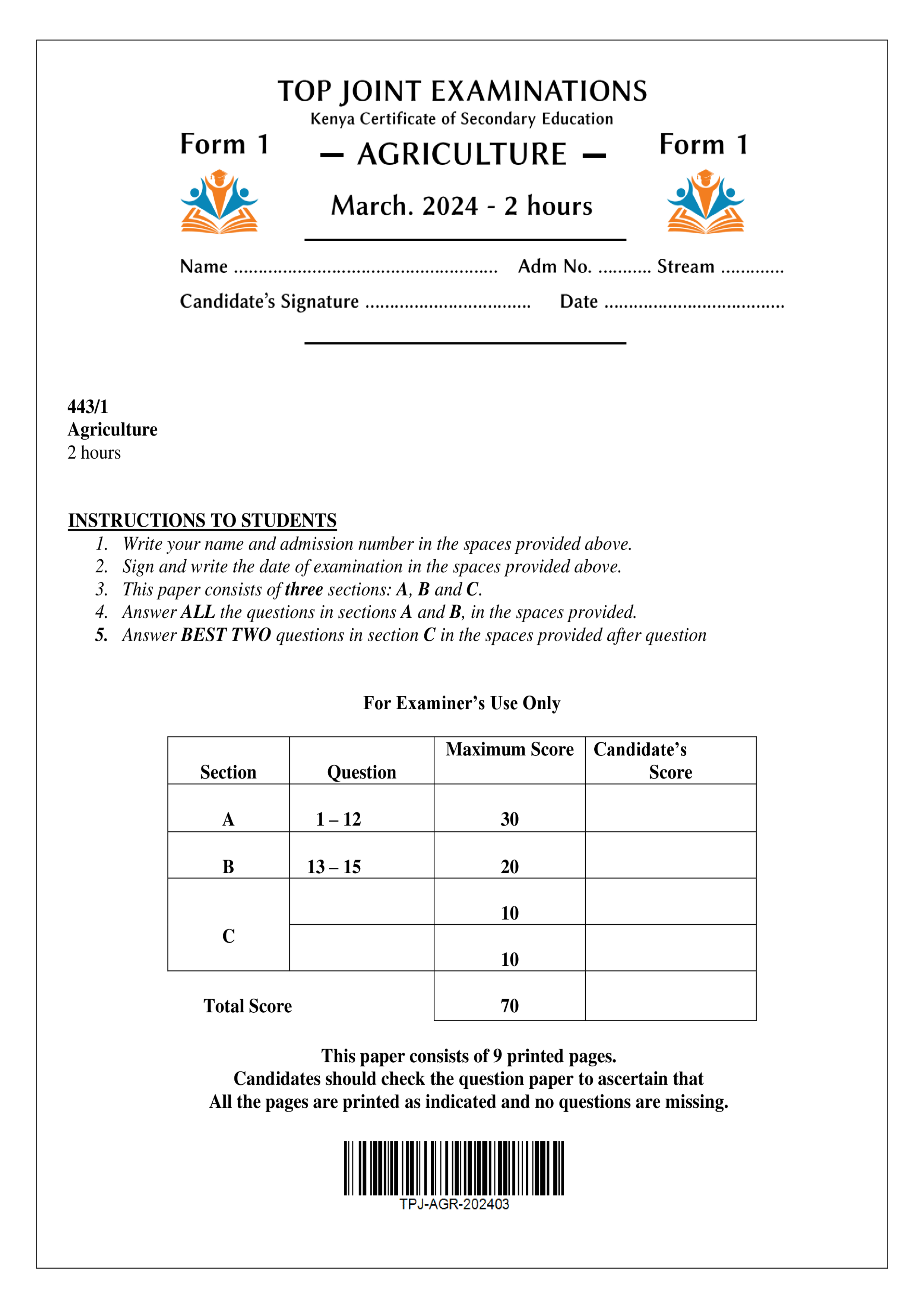 AGRICULTURE FORM 1 END TERM 1 2024
