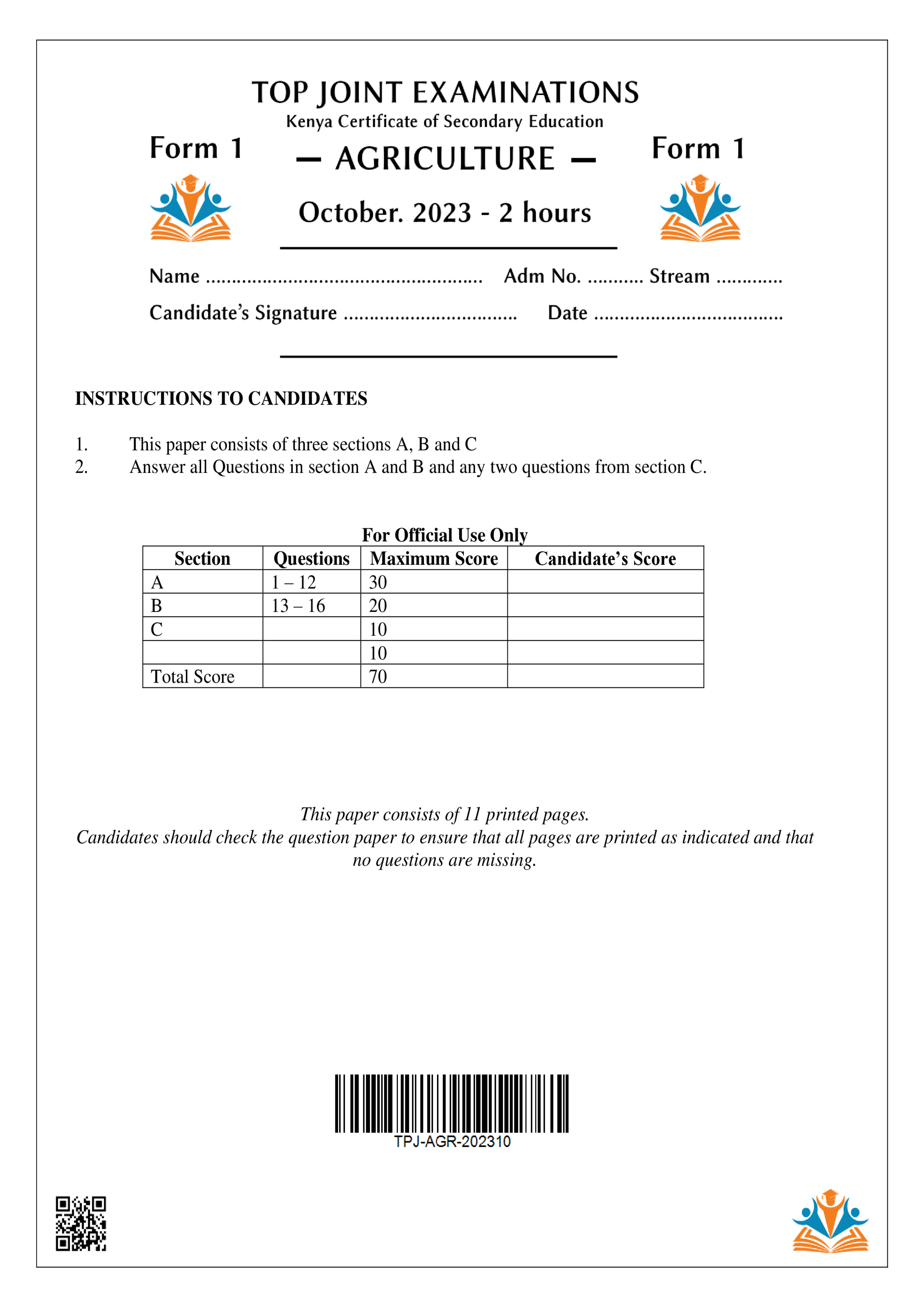AGRICULTURE FORM 1 END TERM 3 2023