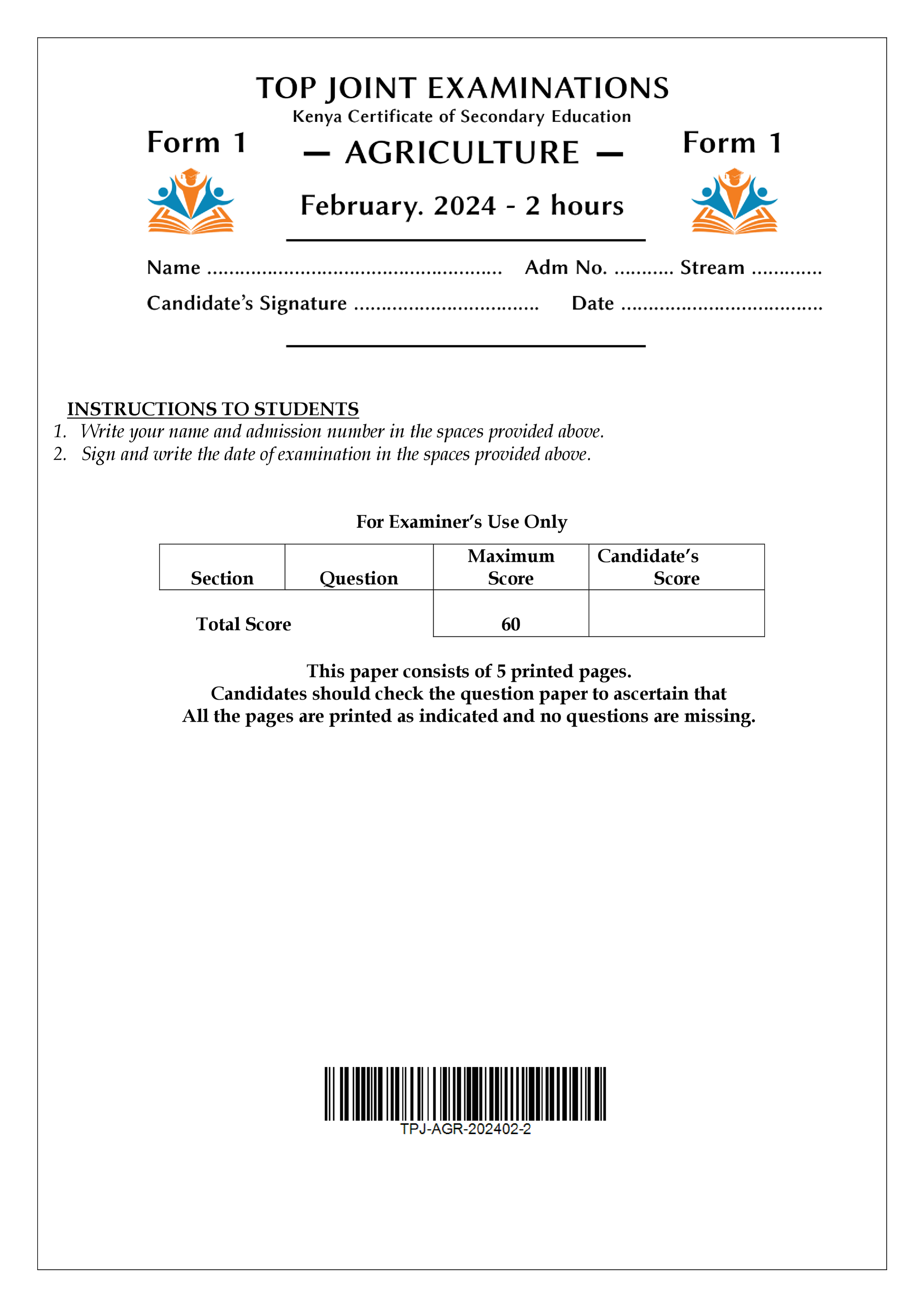 AGRICULTURE FORM 1 MID TERM 1 2024