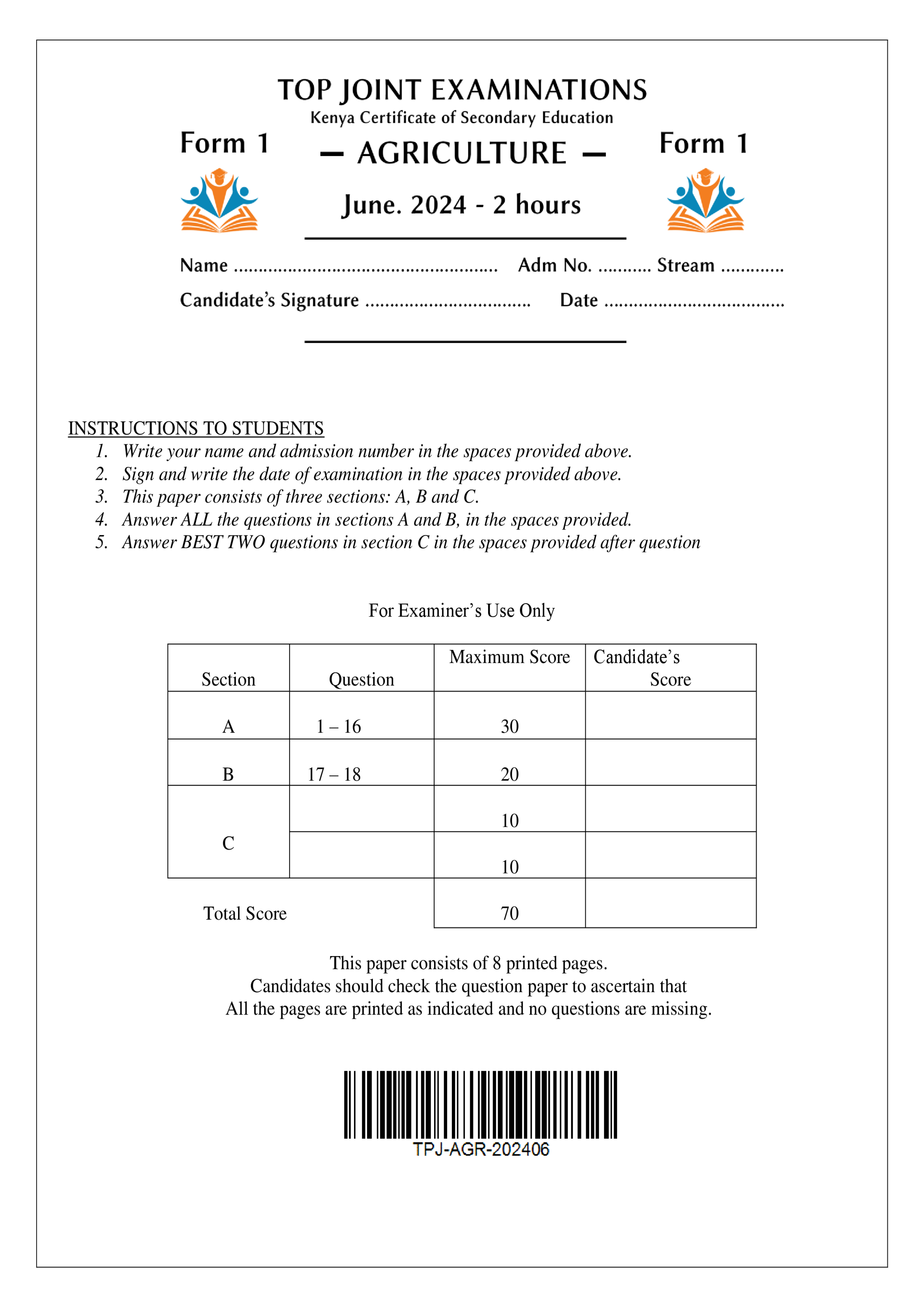 AGRICULTURE FORM 1 MID TERM 2 2024