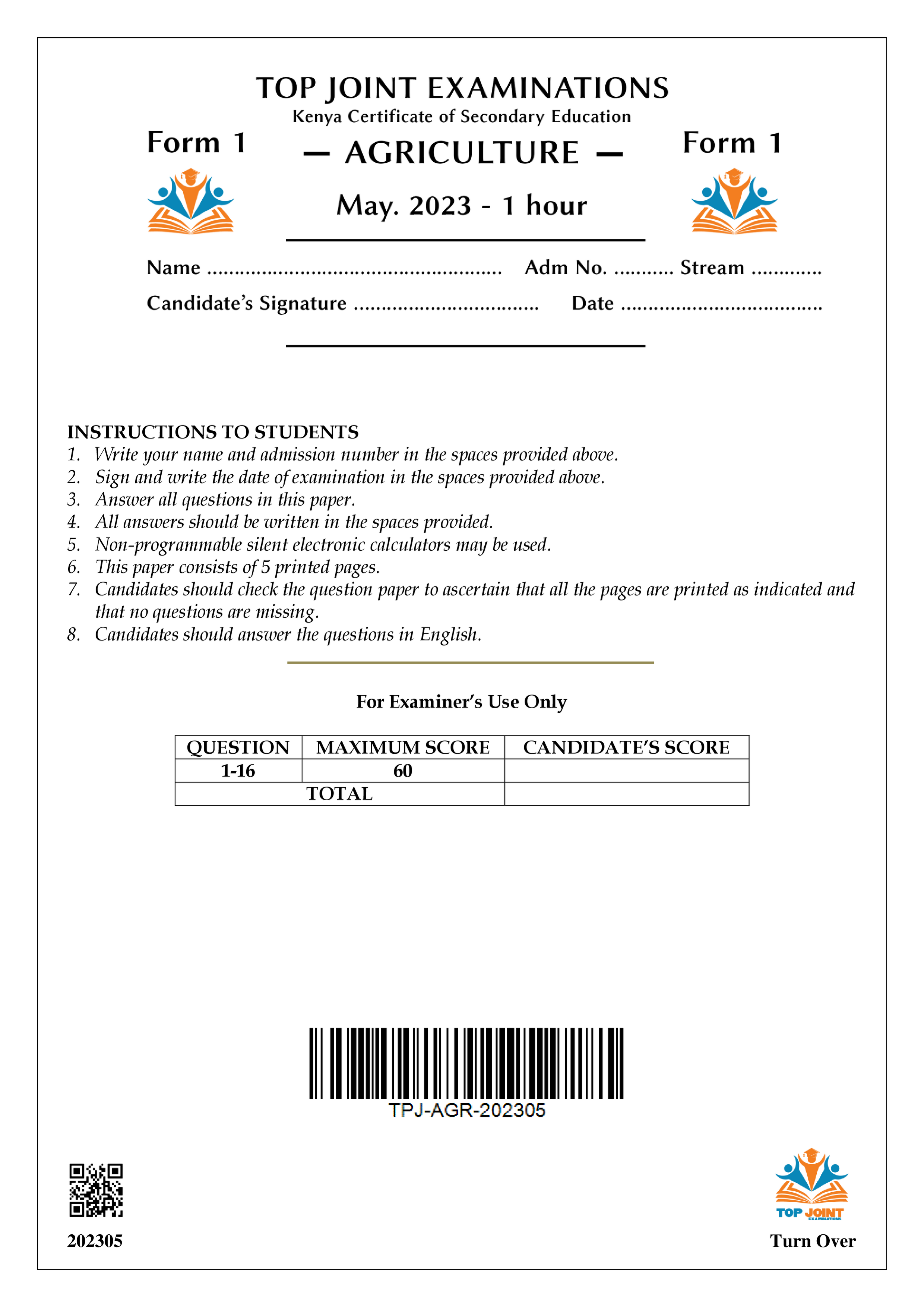 AGRICULTURE FORM 1 OPENER TERM 2 2023