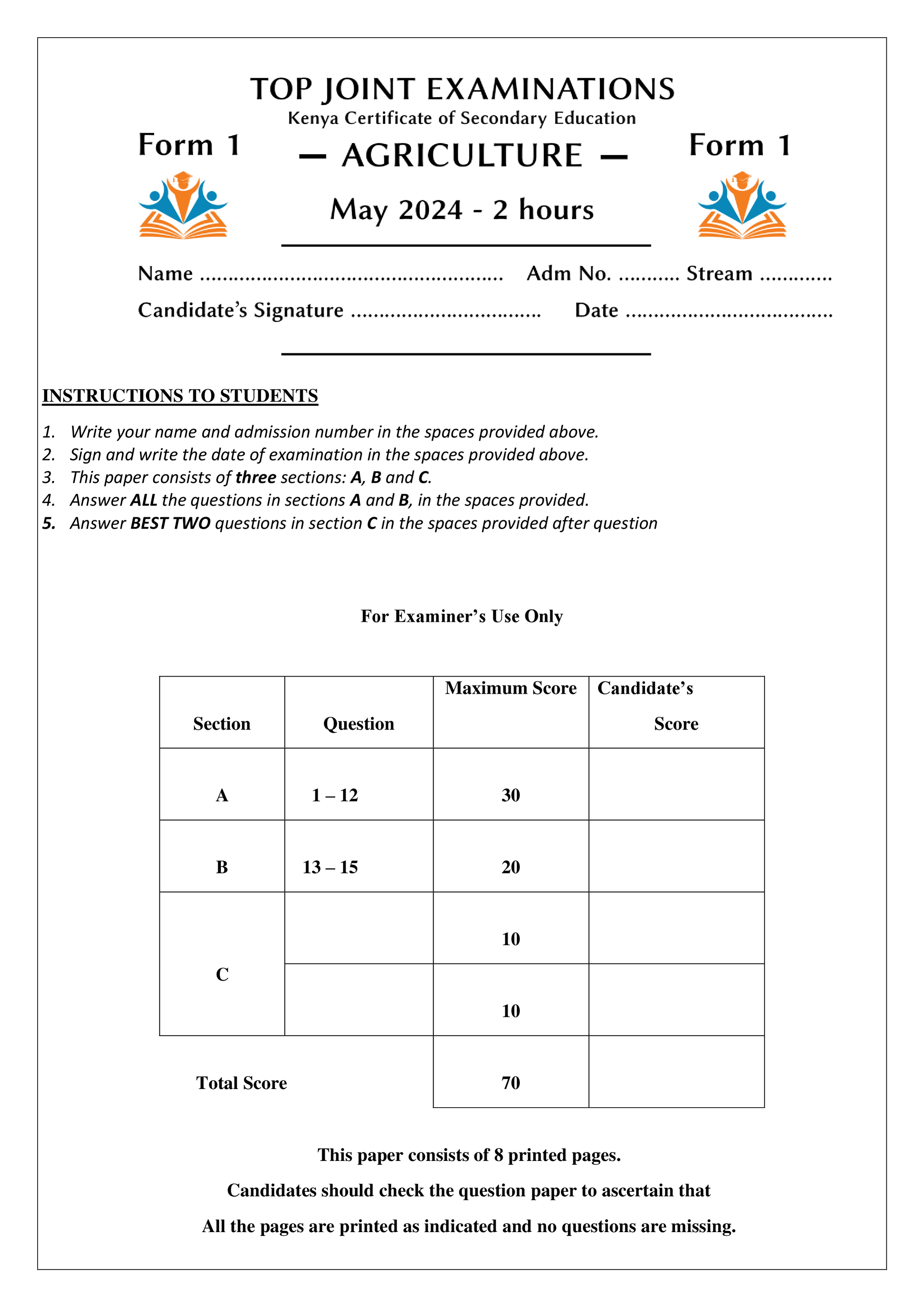 AGRICULTURE FORM 1 OPENER TERM 2 2024