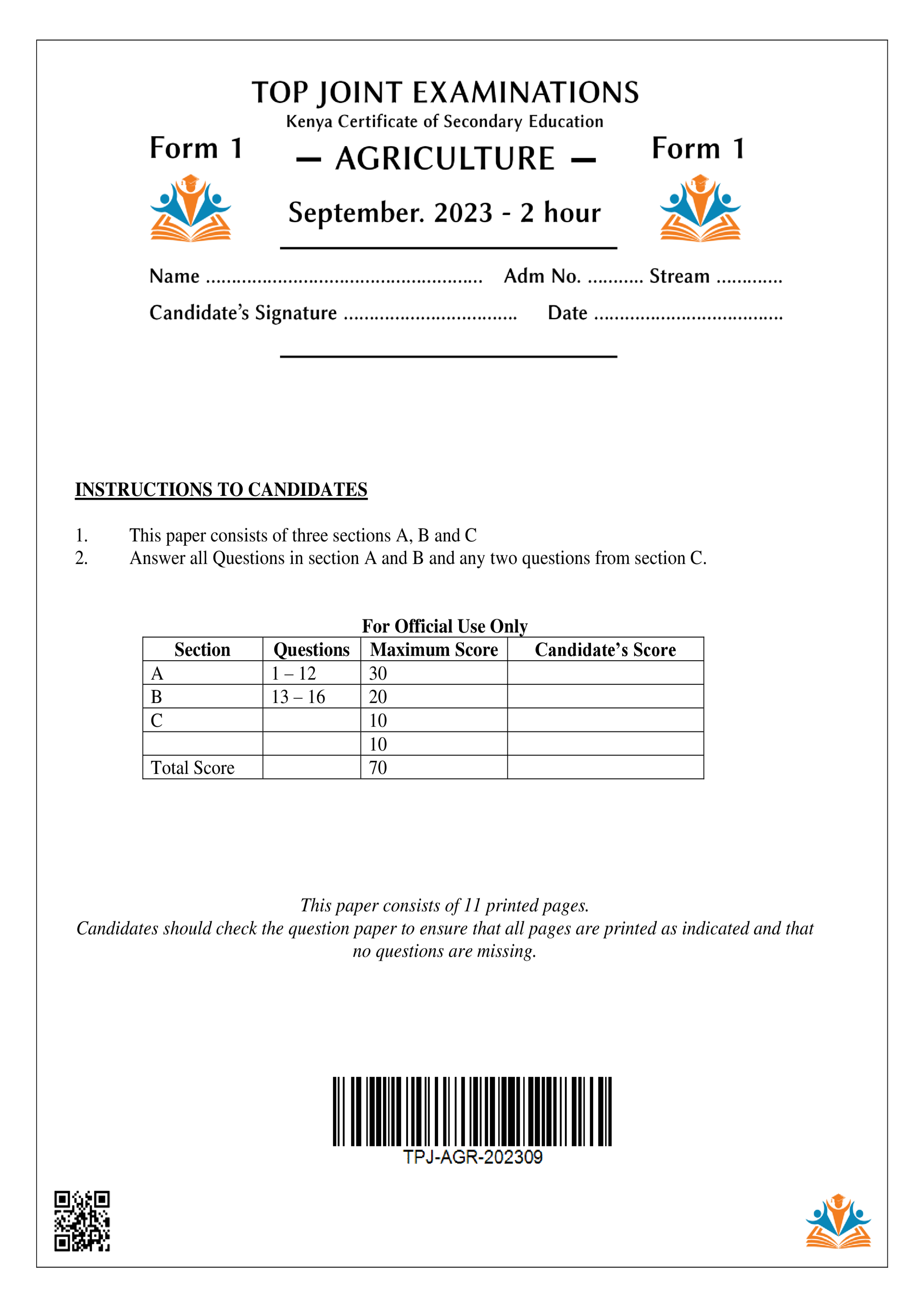 AGRICULTURE FORM 1 OPENER TERM 3 2023