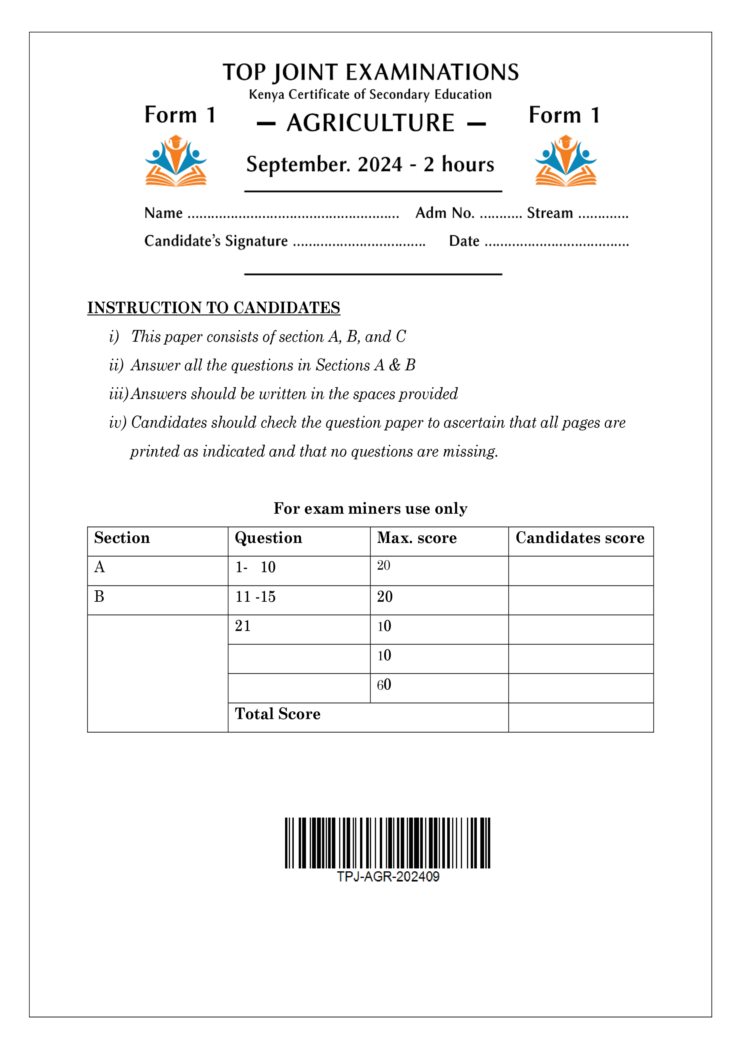 AGRICULTURE FORM 1 SERIES 1 TERM 3 2024
