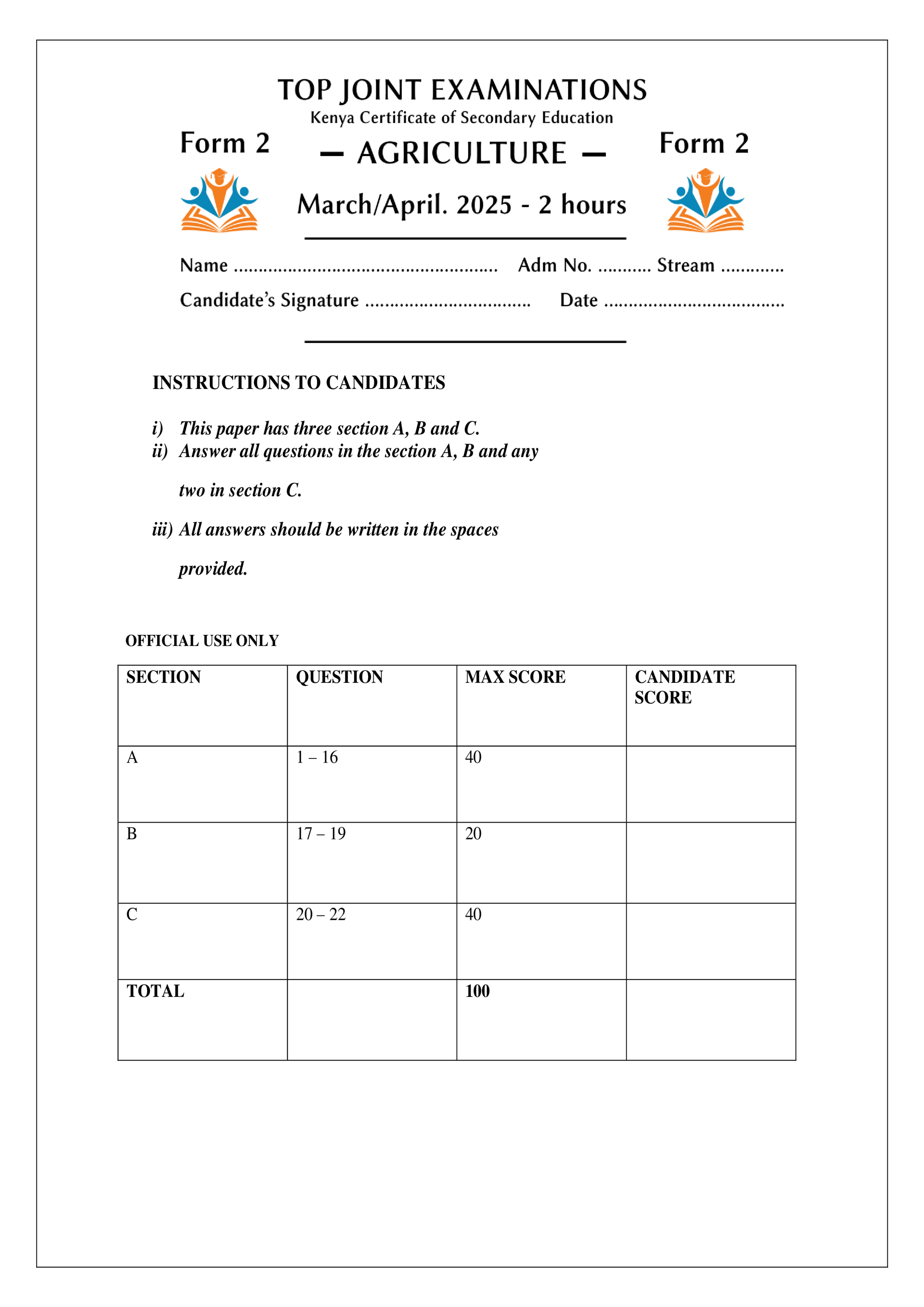 AGRICULTURE FORM 2 END TERM 1 2025