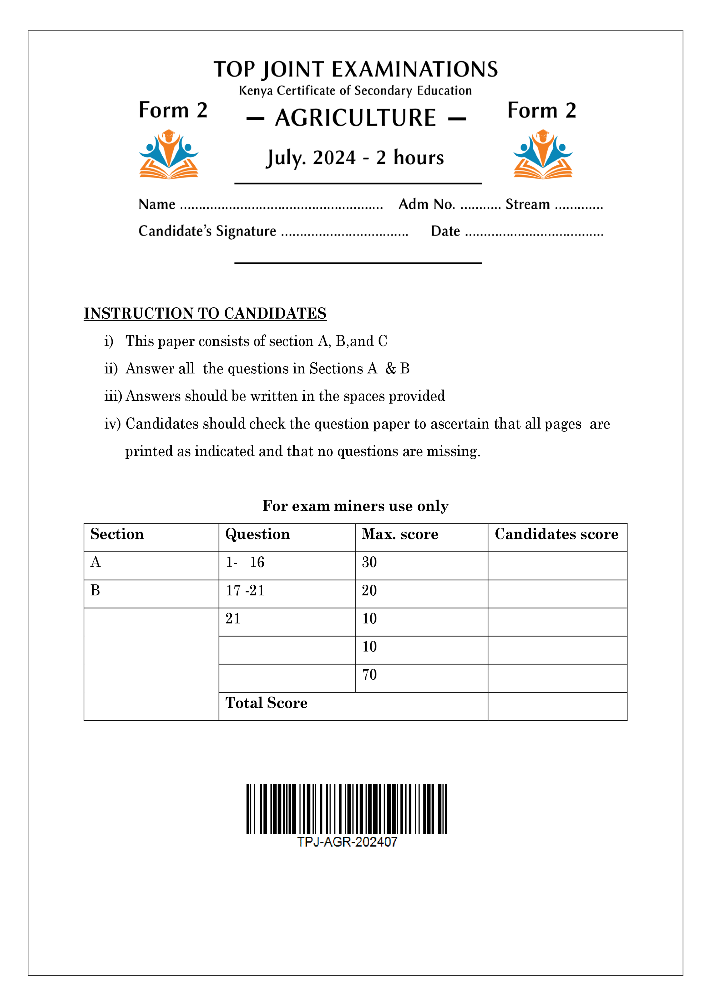 AGRICULTURE FORM 2 END TERM 2 2024
