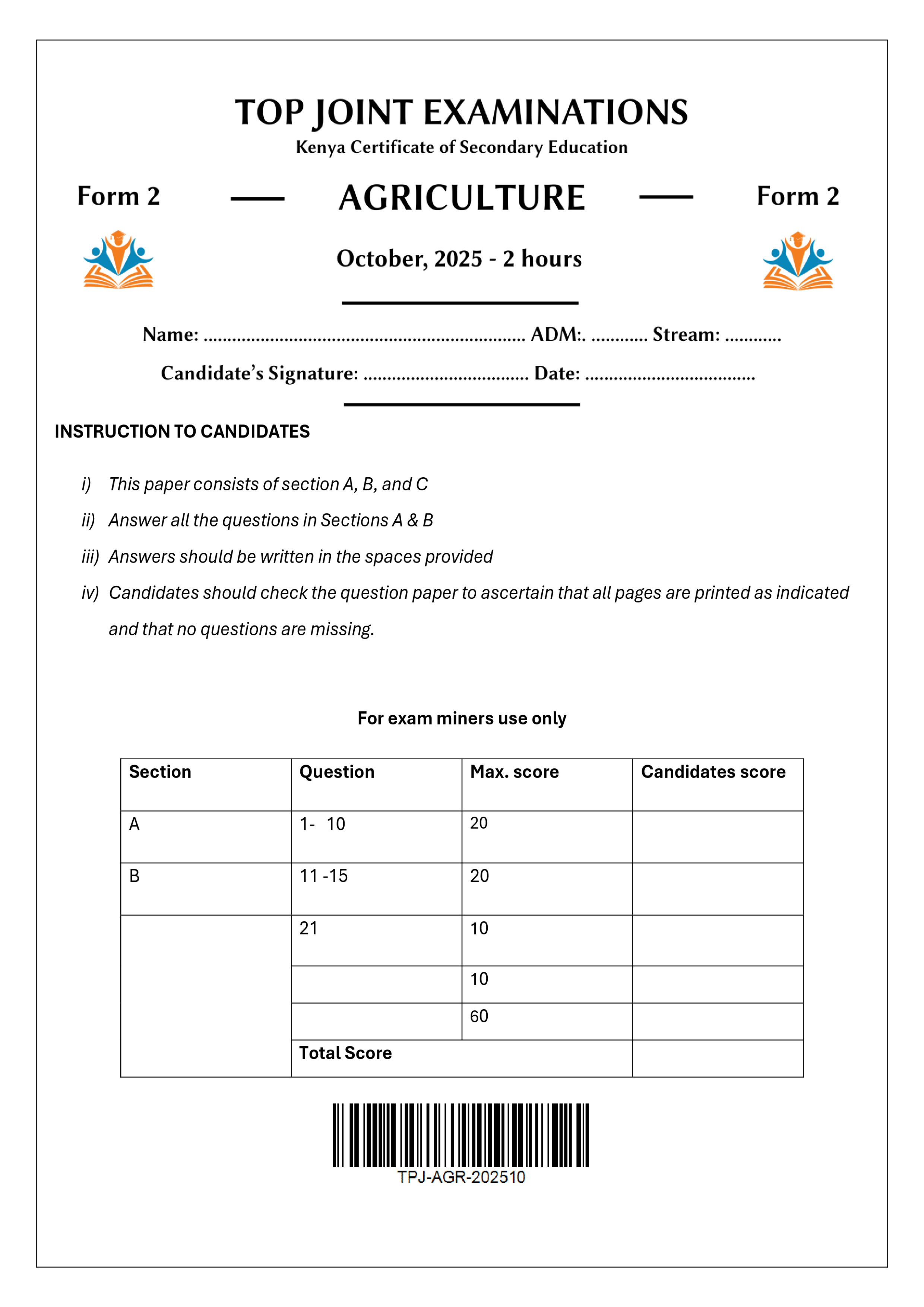 AGRICULTURE FORM 2 END TERM 3 2025