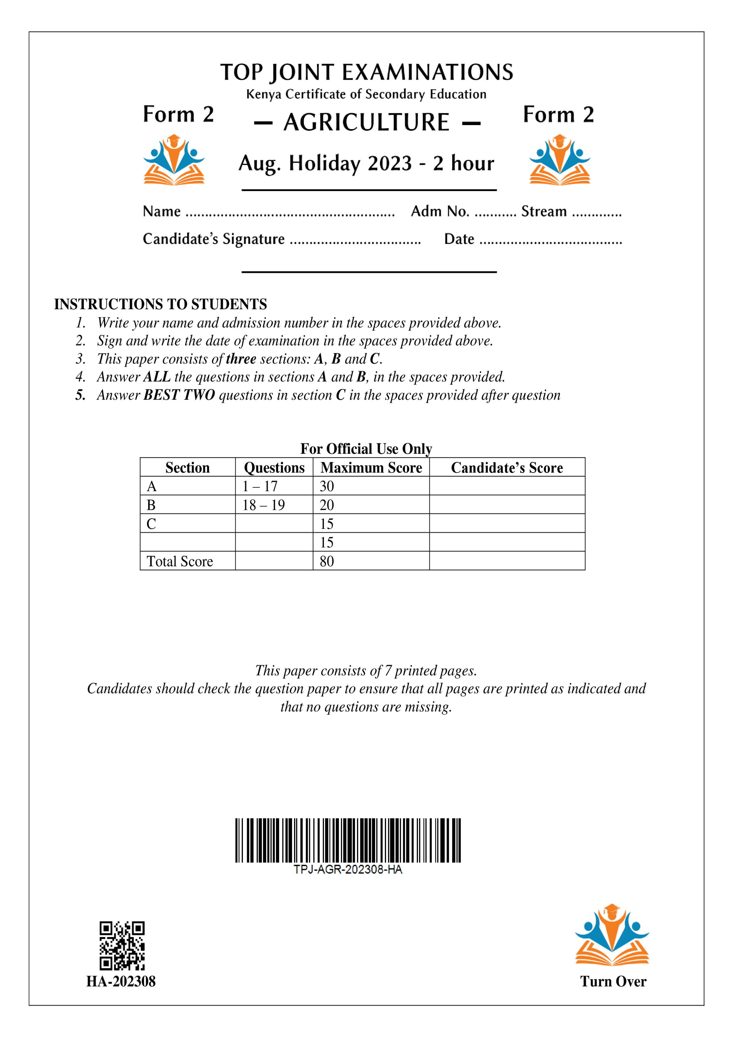 AGRICULTURE FORM 2 AUGUST 2023 HOLIDAY ASSIGNMENT