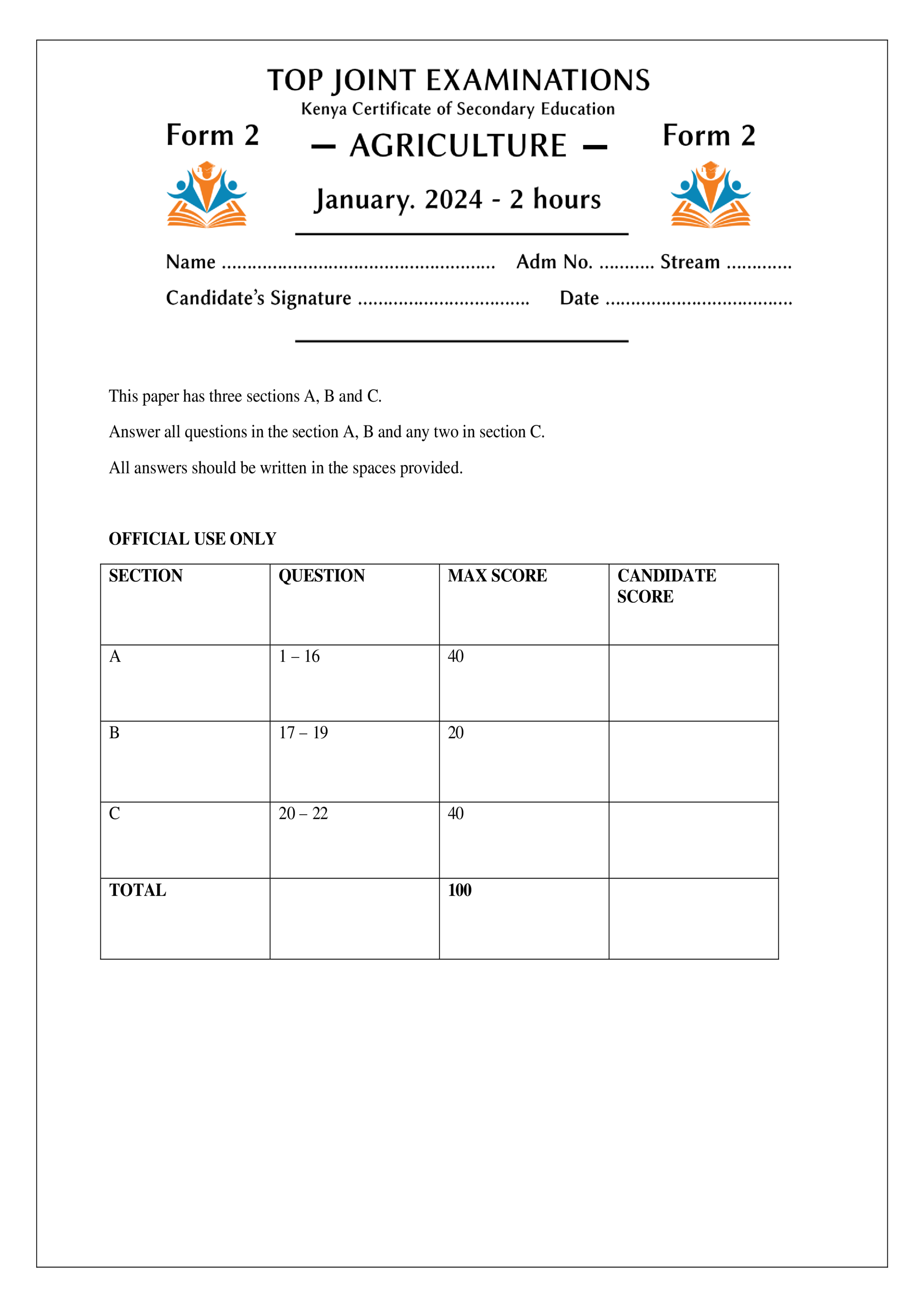 AGRICULTURE FORM 2 OPENER TERM 1 2024