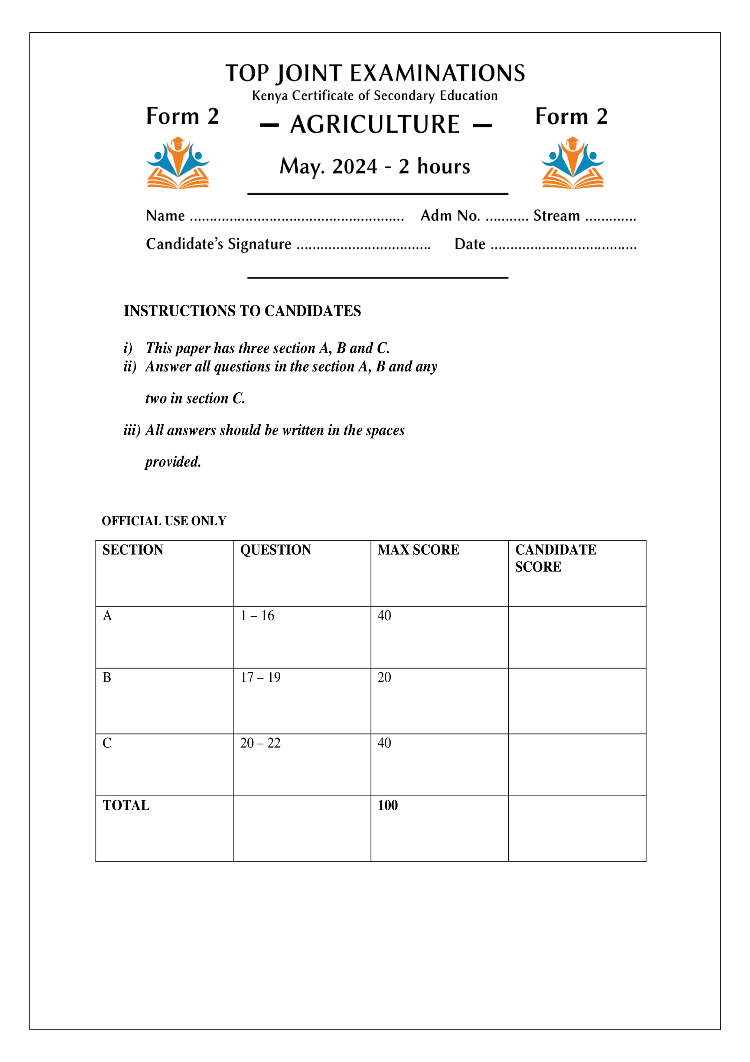 AGRICULTURE FORM 2 OPENER TERM 2 2024