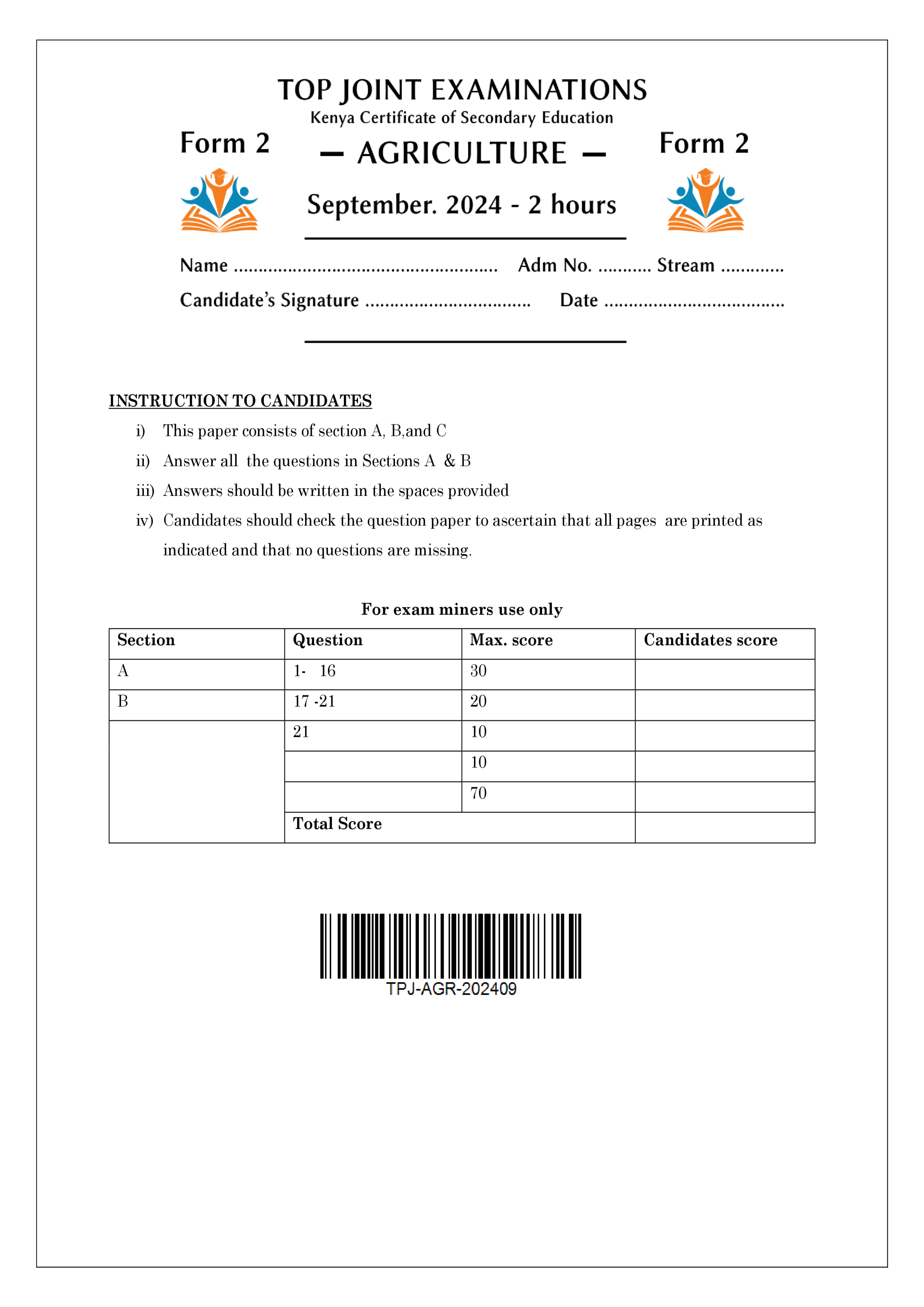 AGRICULTURE FORM 2 SERIES 1 TERM 3 2024