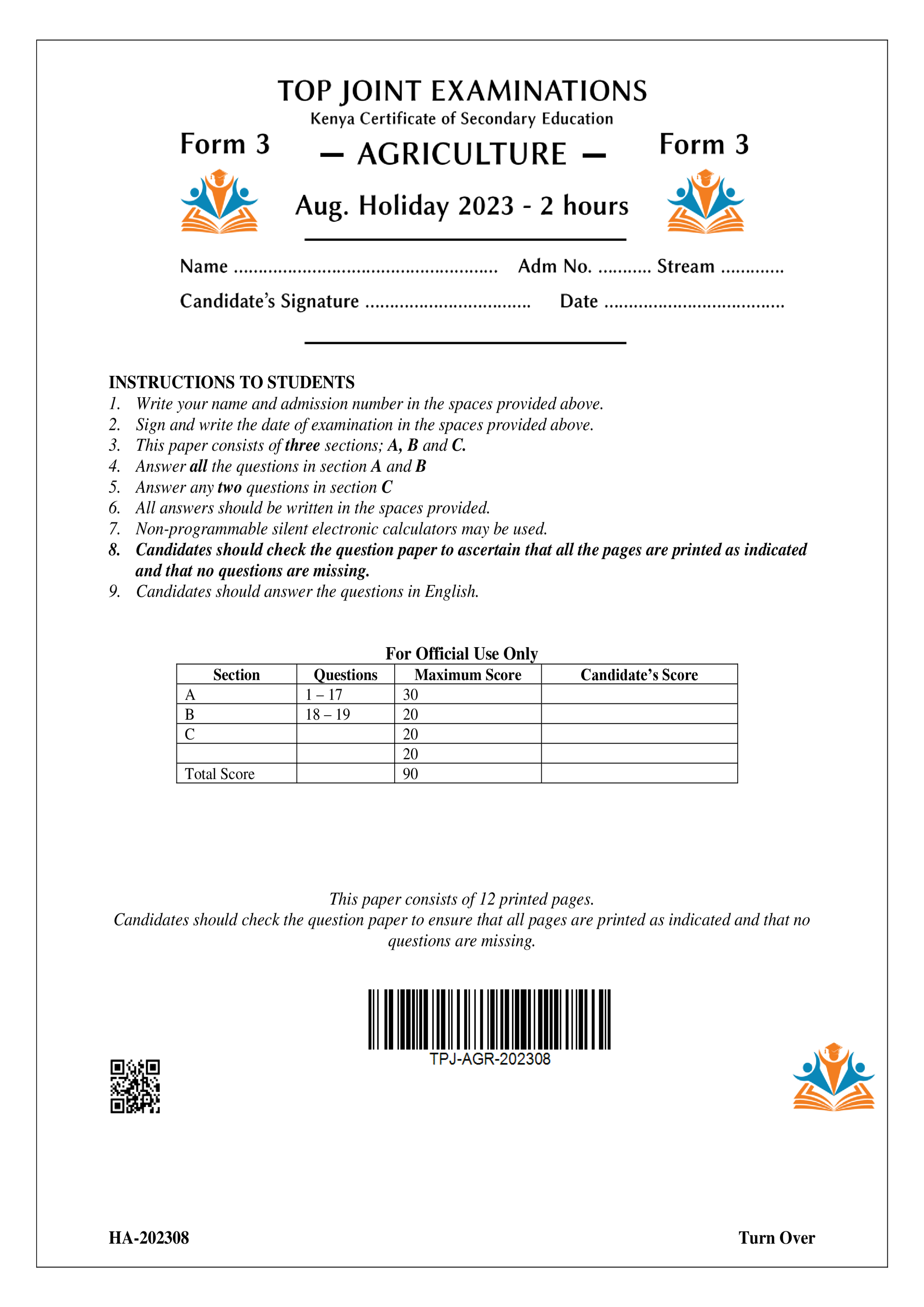 AGRICULTURE FORM 3 AUGUST 2023 HOLIDAY ASSIGNMENT