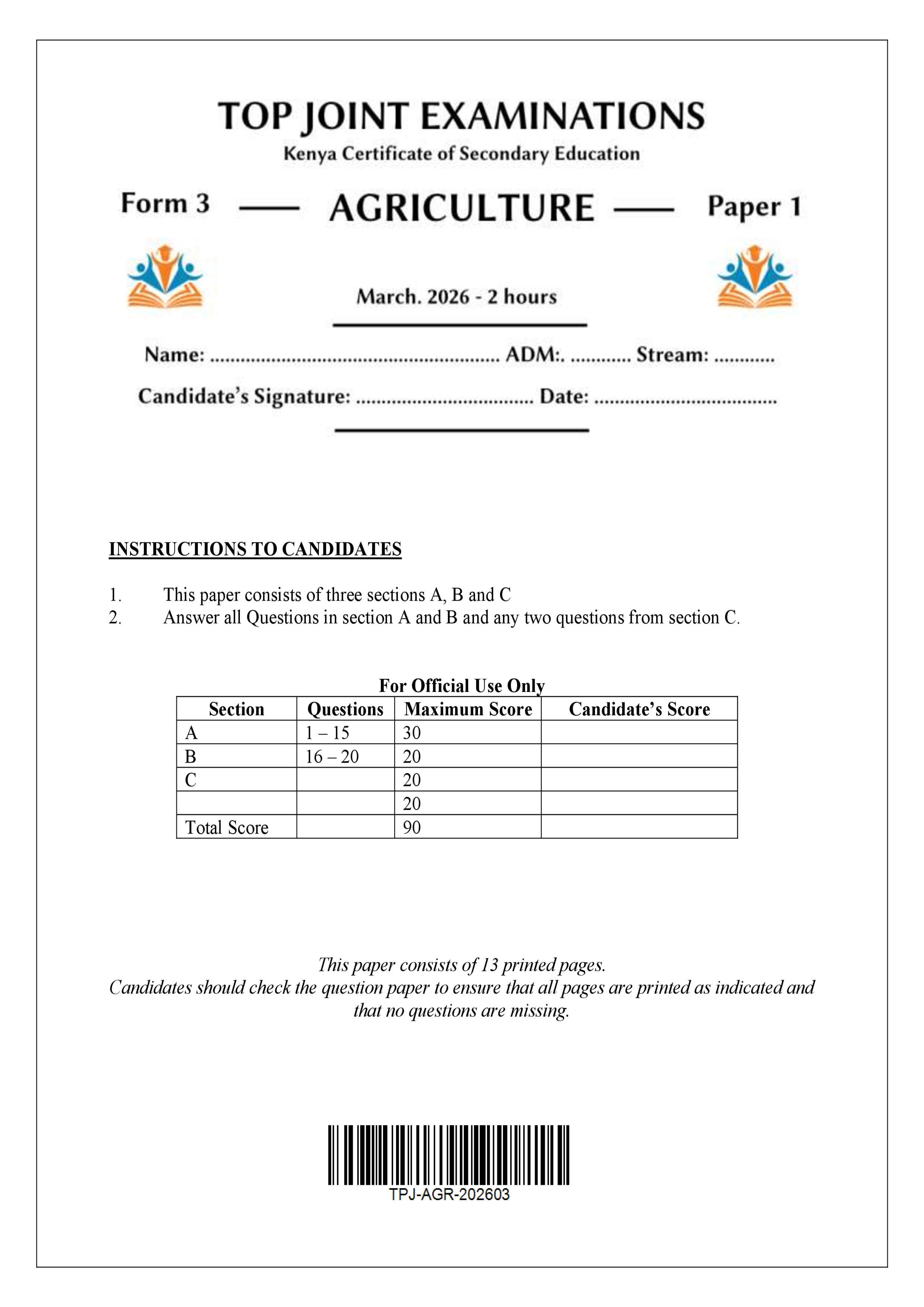 AGRICULTURE FORM 3 PAPER 1 END TERM 1 2026