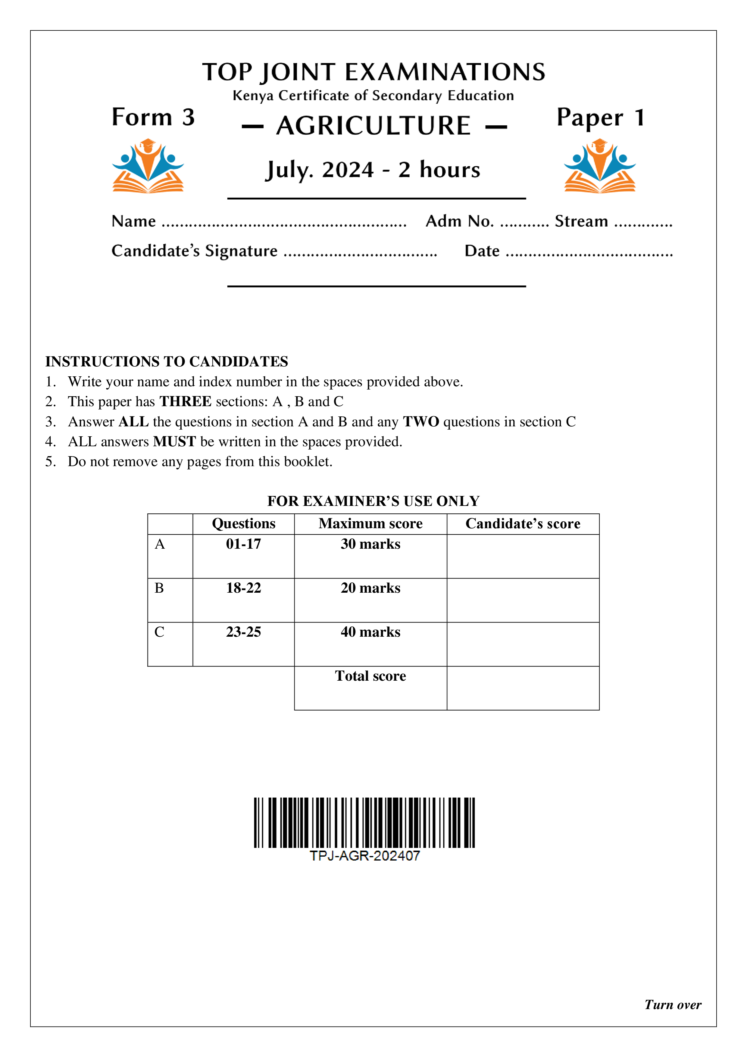 AGRICULTURE FORM 3 PAPER 1 END TERM 2 2024