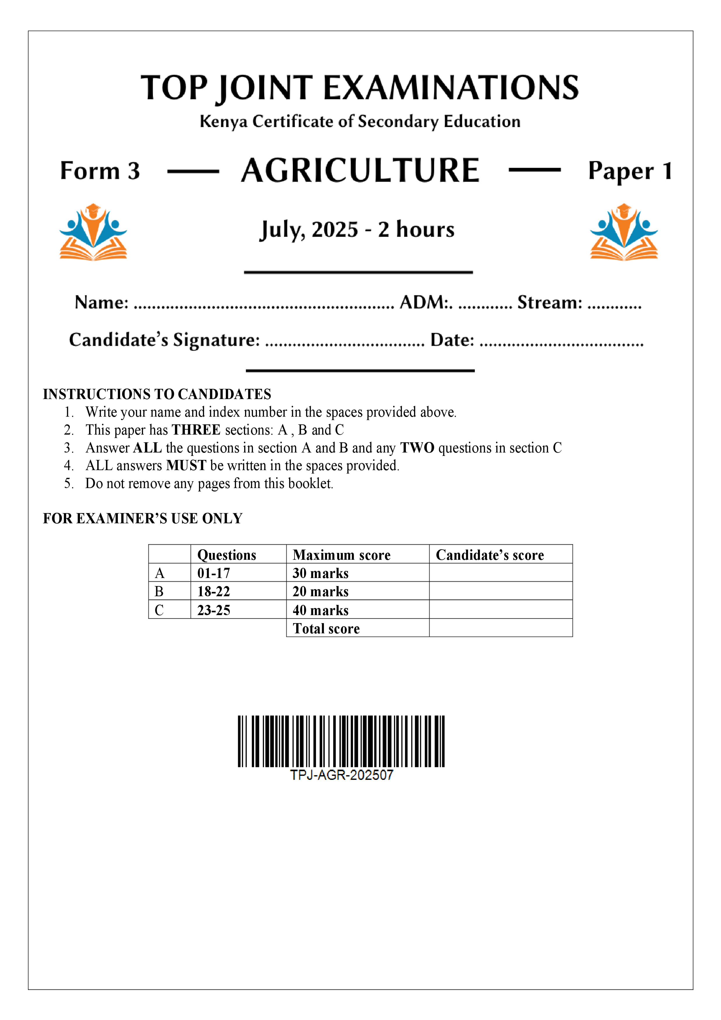 AGRICULTURE FORM 3 PAPER 1 END TERM 2 2025