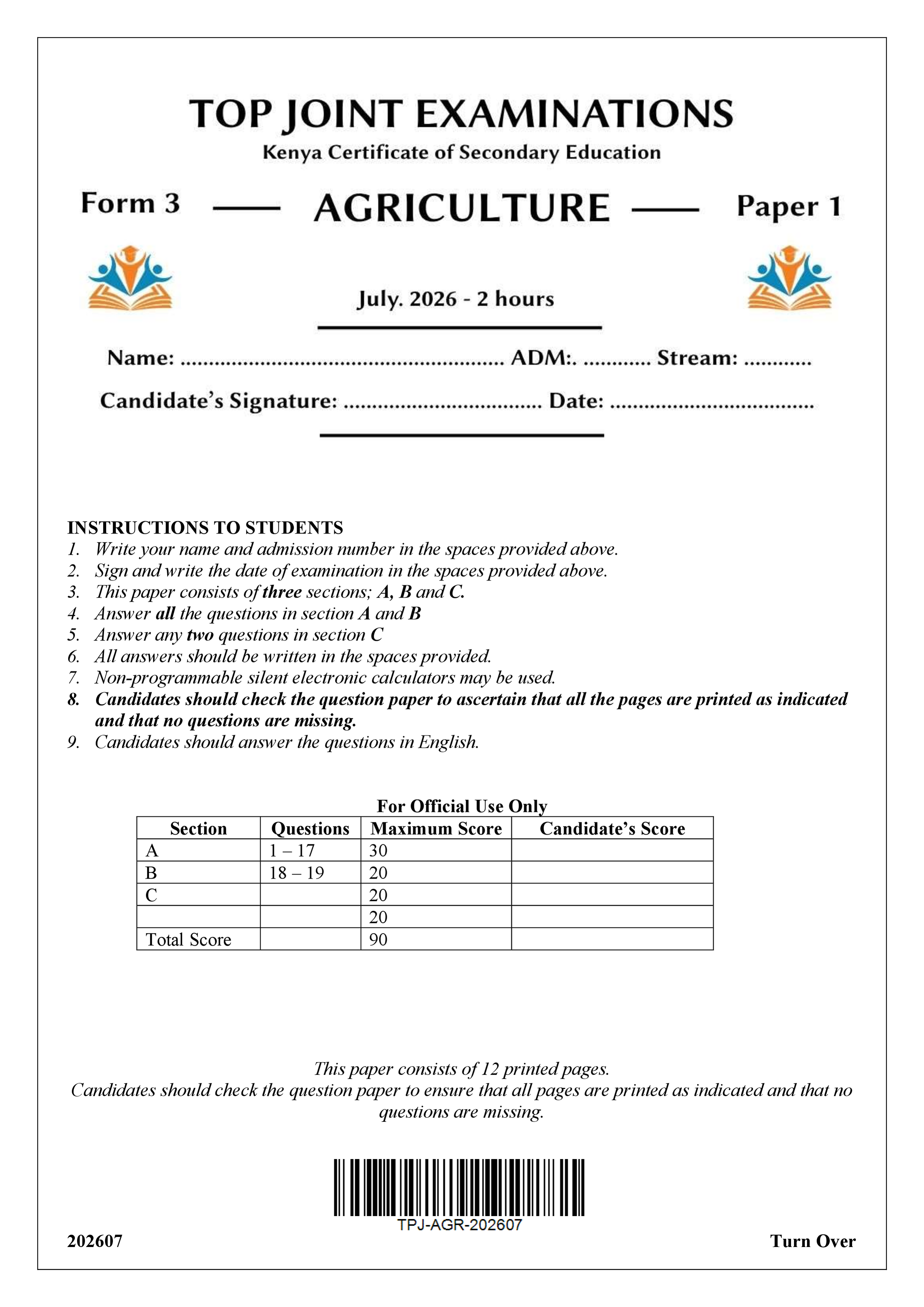 AGRICULTURE FORM 3 PAPER 1 END TERM 2 2026