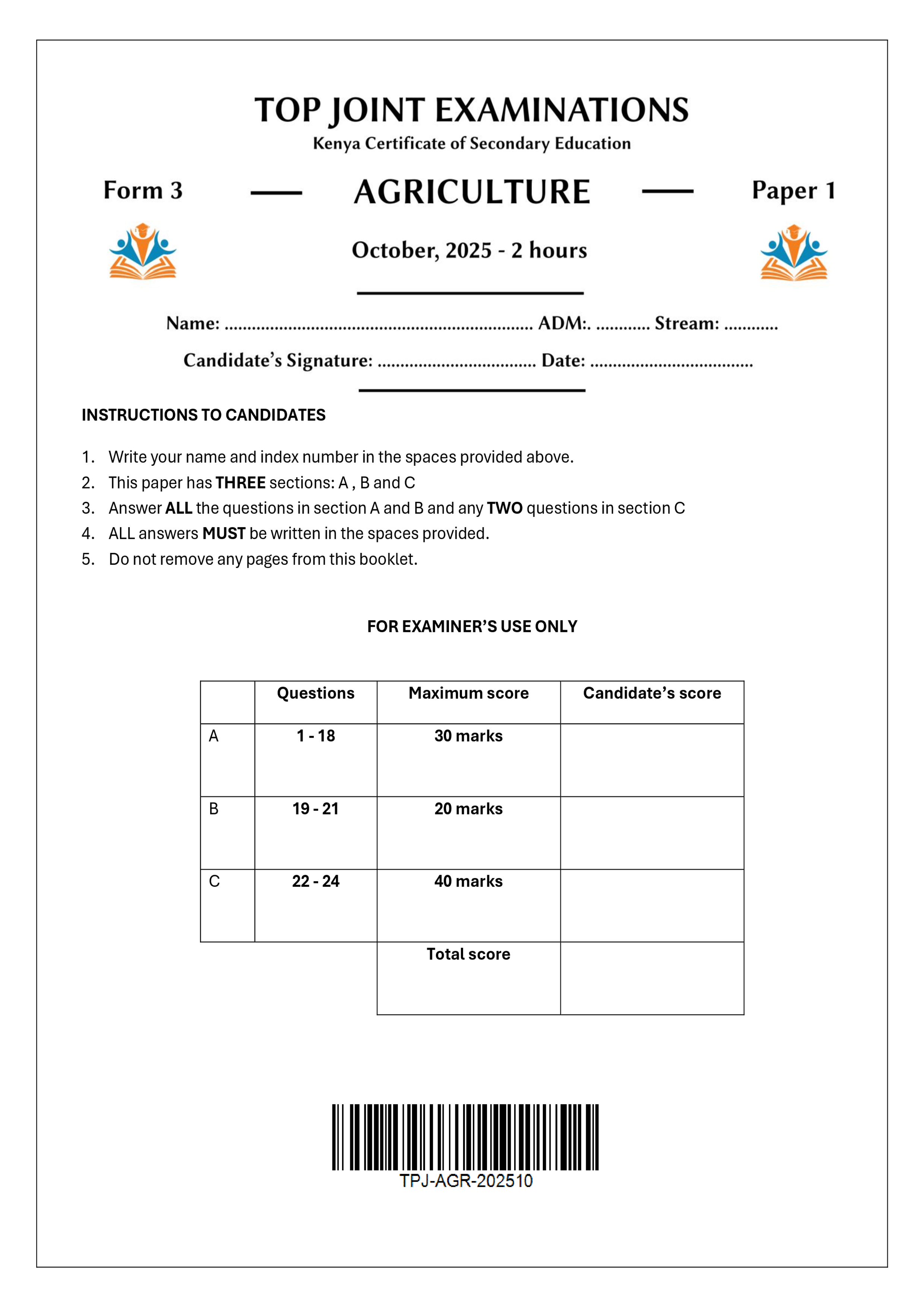 AGRICULTURE FORM 3 PAPER 1 END TERM 3 2025