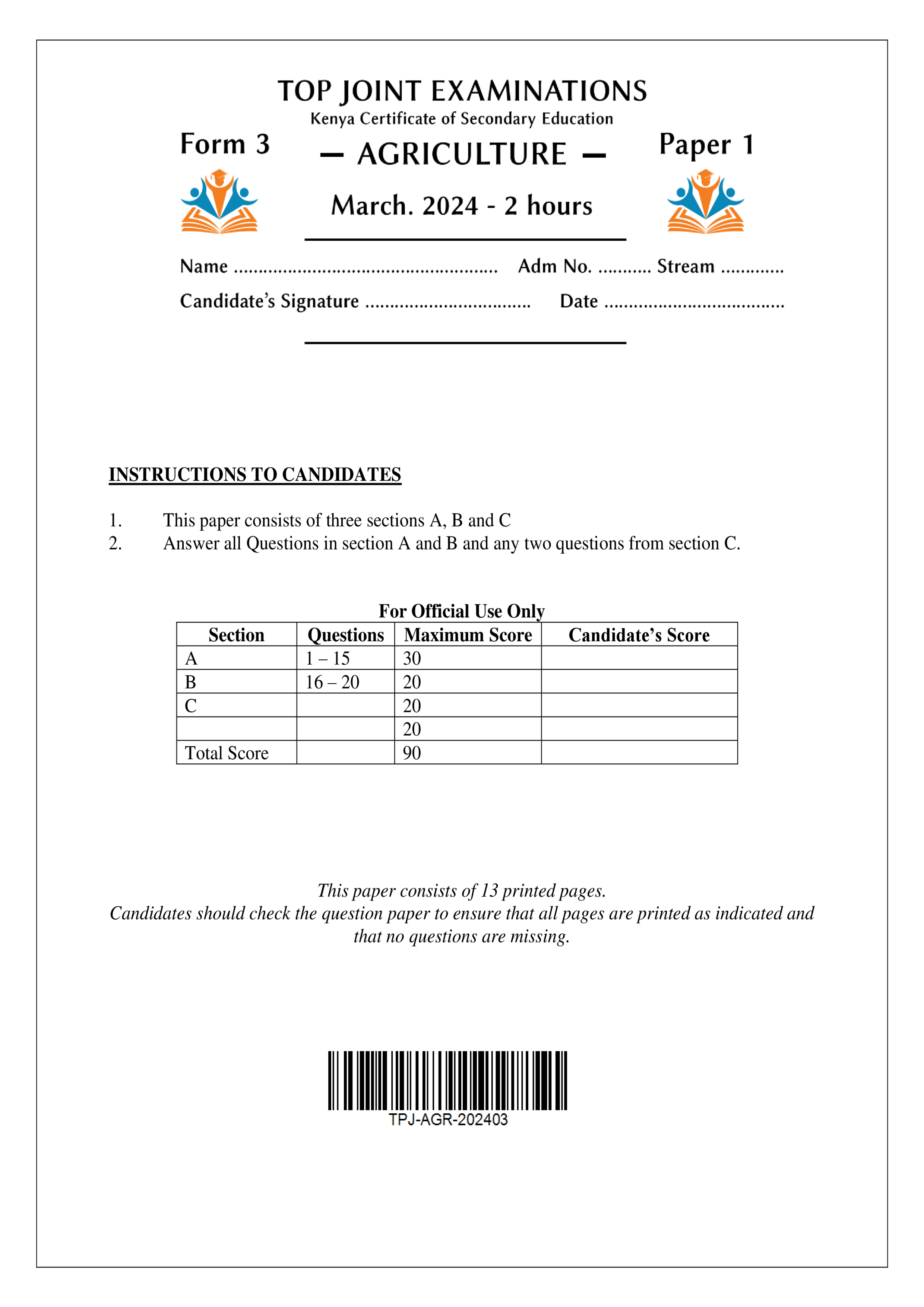 AGRICULTURE FORM 3 PAPER 1 END TERM 1 2024