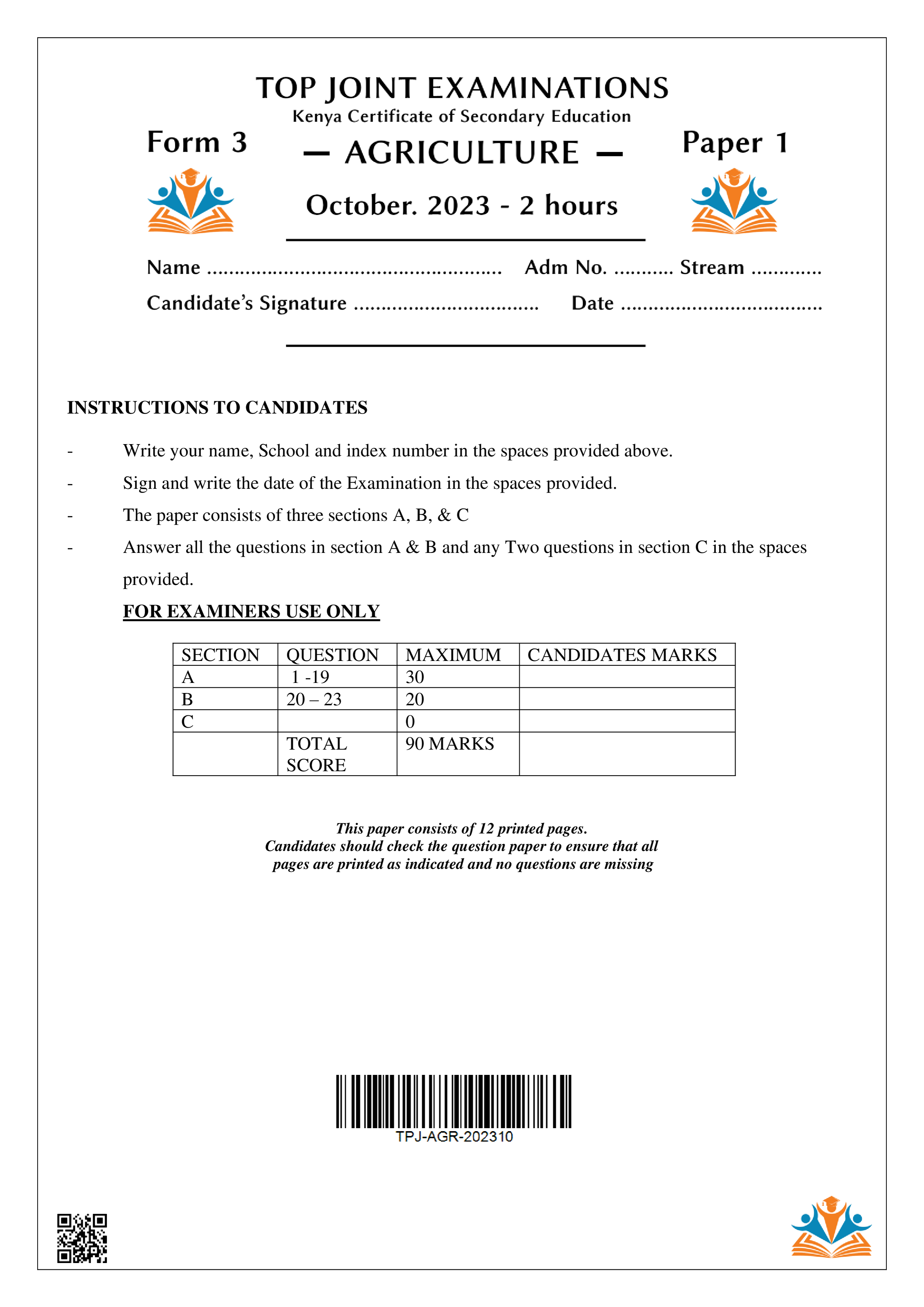 AGRICULTURE FORM 3 PAPER 1 END TERM 3 2023