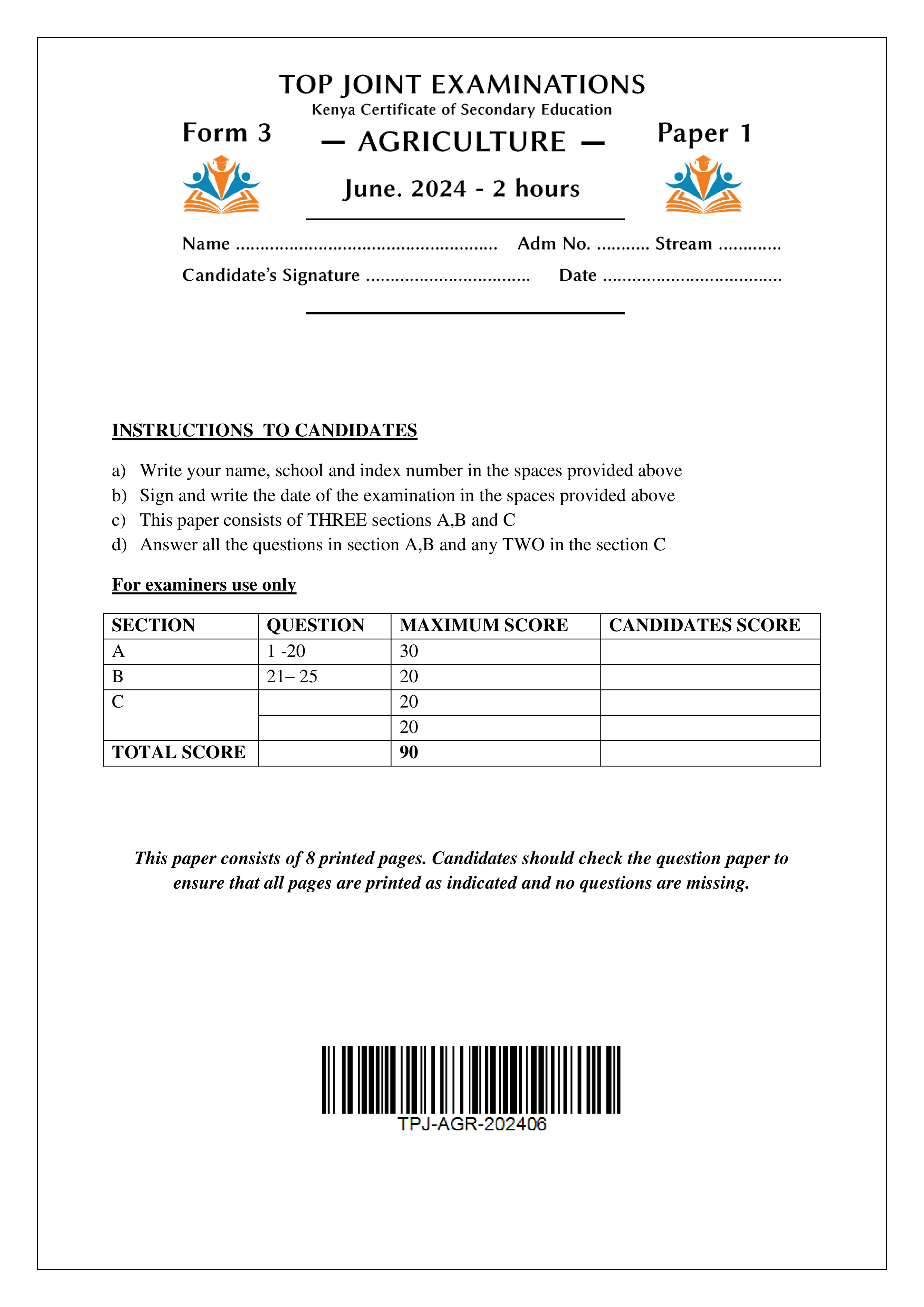 AGRICULTURE FORM 3 PAPER 1 MID TERM 2 2024