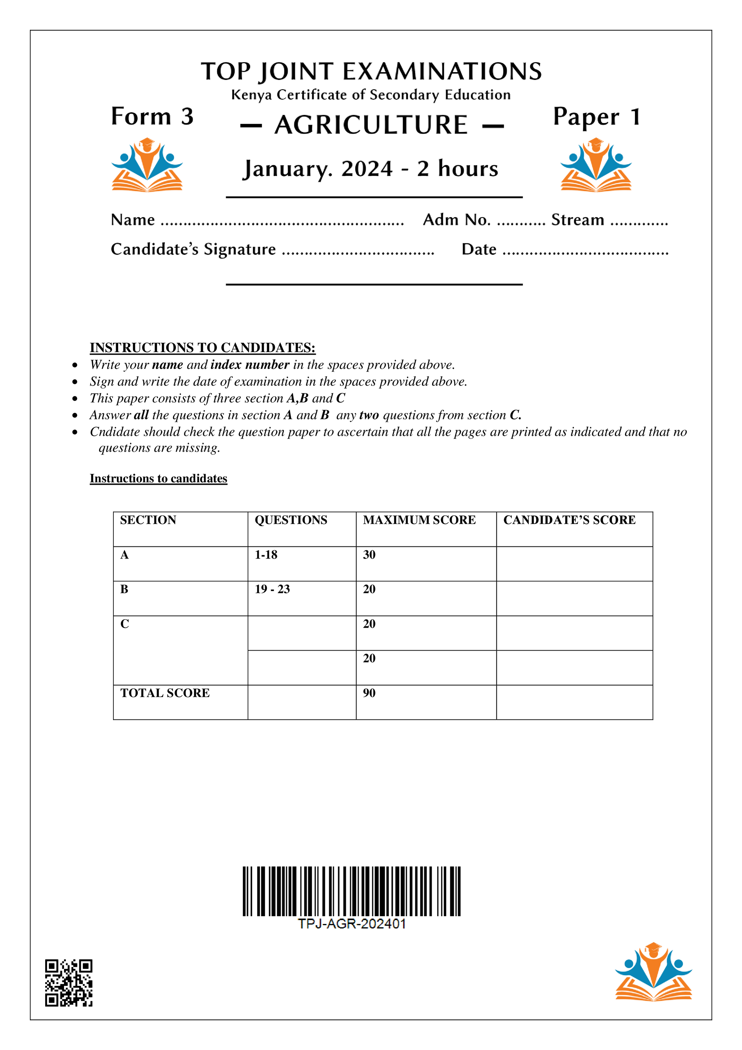 AGRICULTURE FORM 3 PAPER 1 OPENER TERM 1 2024
