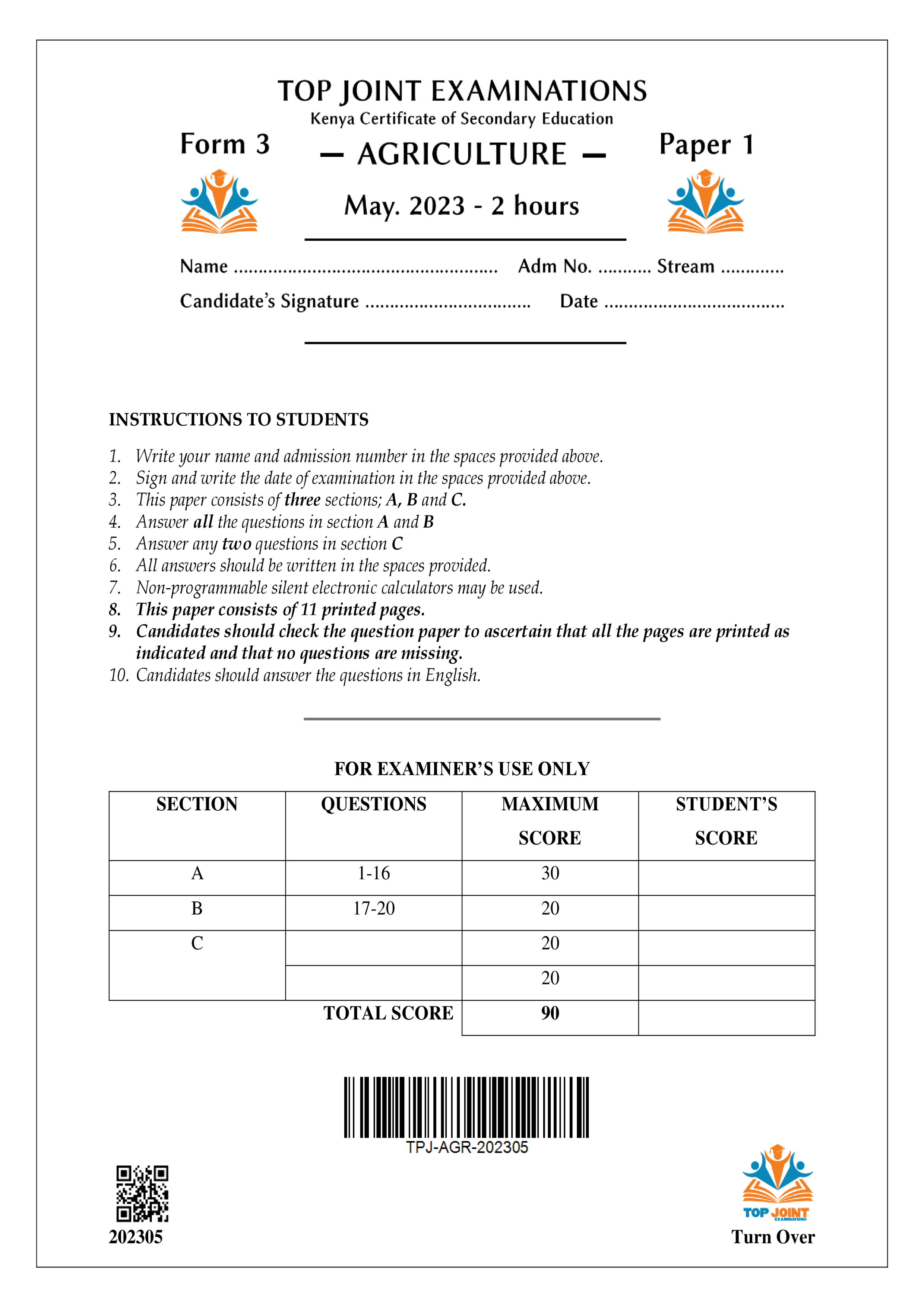 AGRICULTURE FORM 4 PAPER 1 OPENER TERM 2 2023