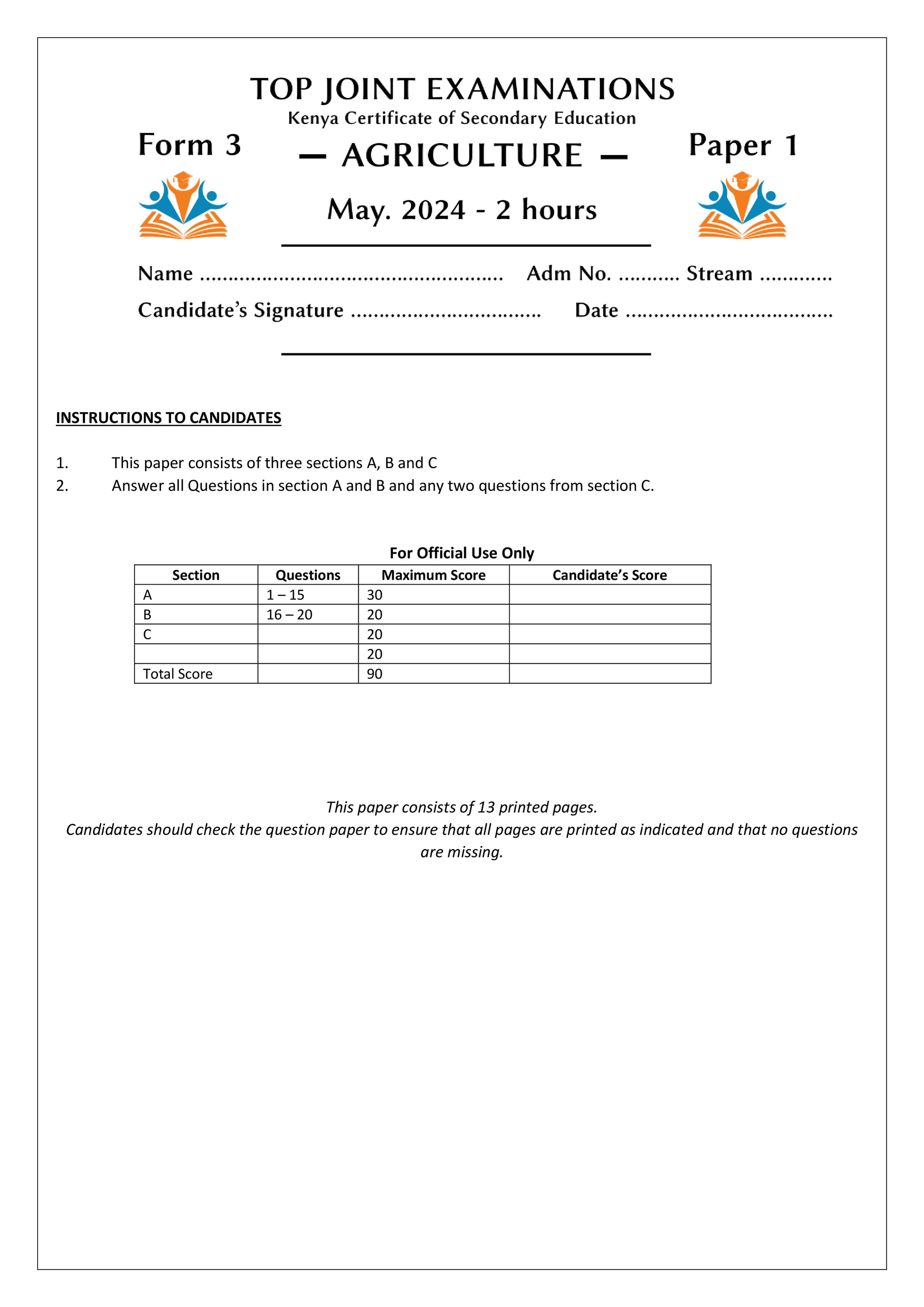 AGRICULTURE FORM 3 PAPER 1 OPENER TERM 2 2024