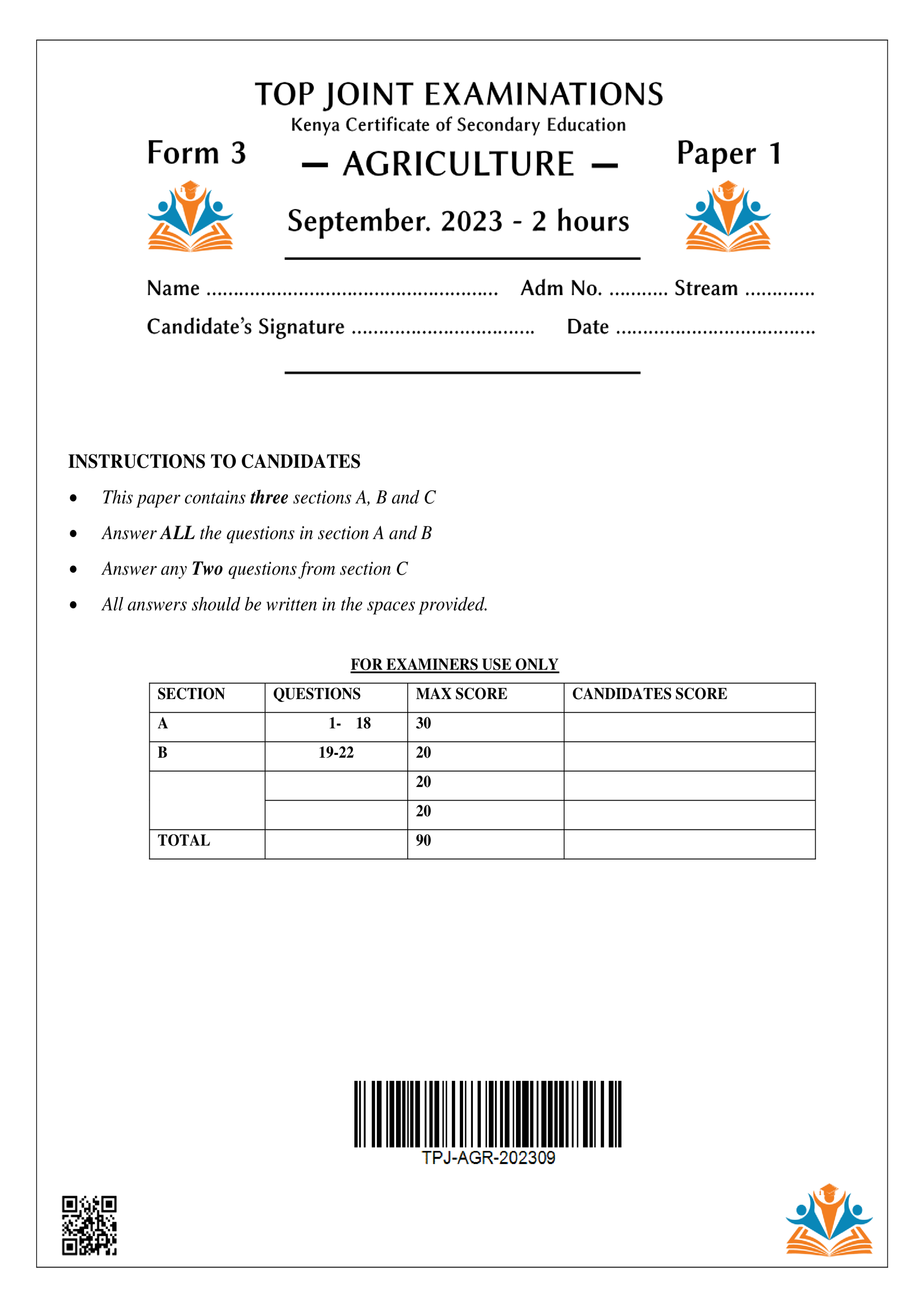 AGRICULTURE FORM 3 PAPER 1 OPENER TERM 3 2023