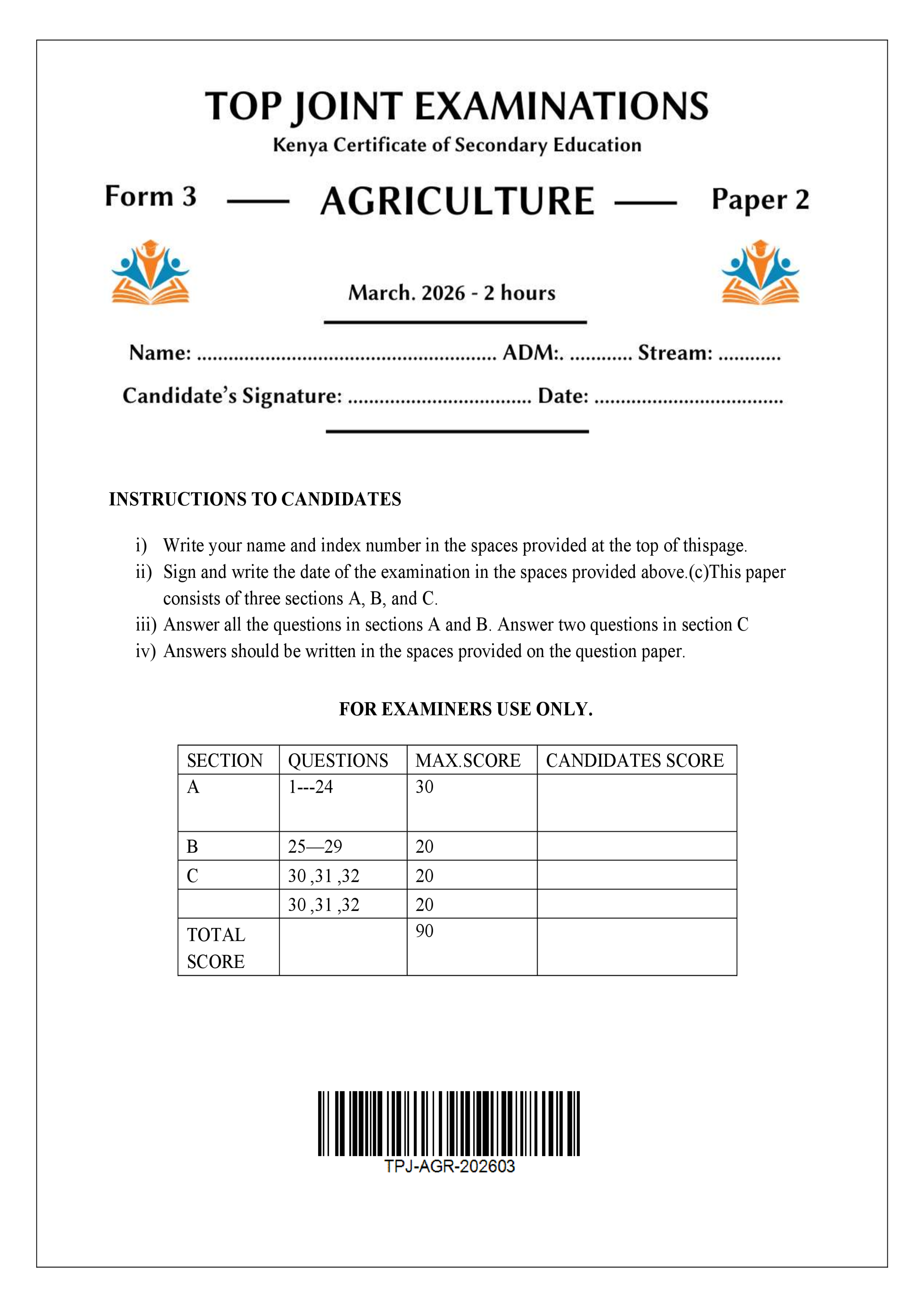 AGRICULTURE FORM 3 PAPER 2 END TERM 1 2026