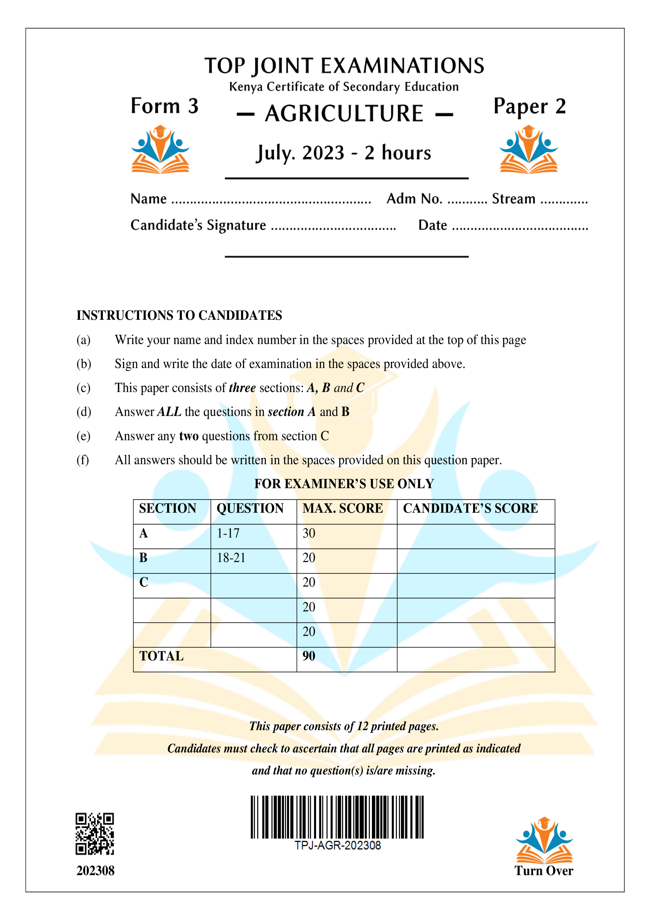 AGRICULTURE FORM 3 PAPER 2 END TERM 2 2023