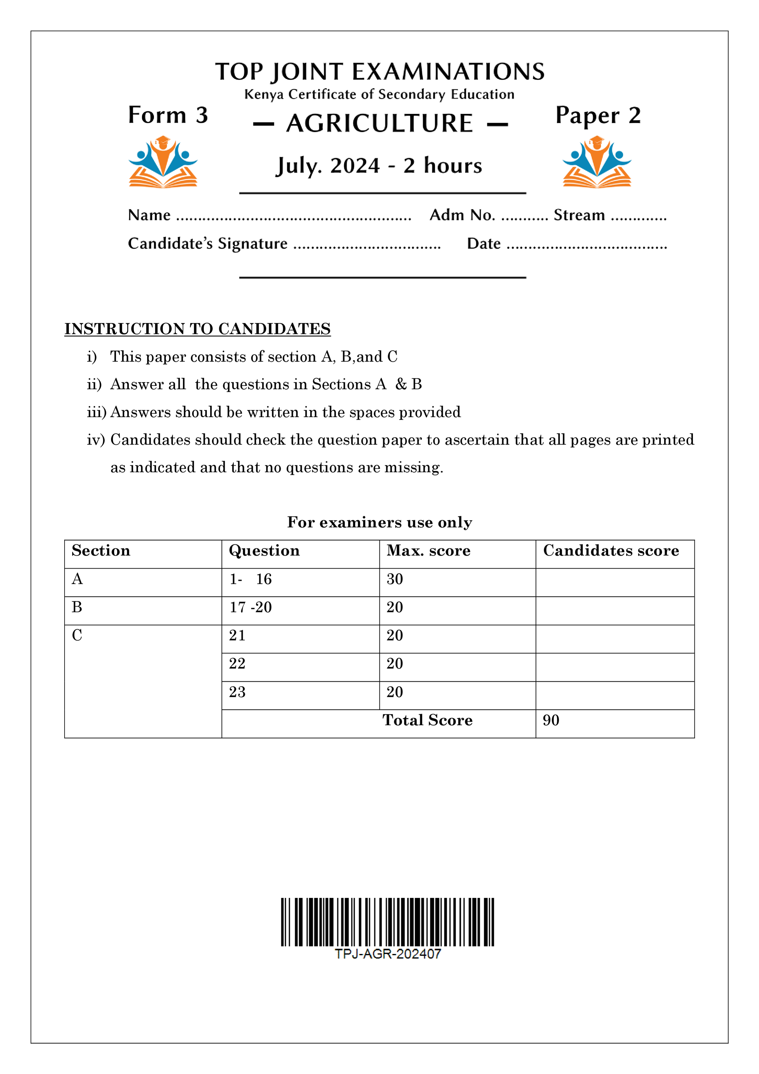 AGRICULTURE FORM 3 PAPER 2 END TERM 2 2024