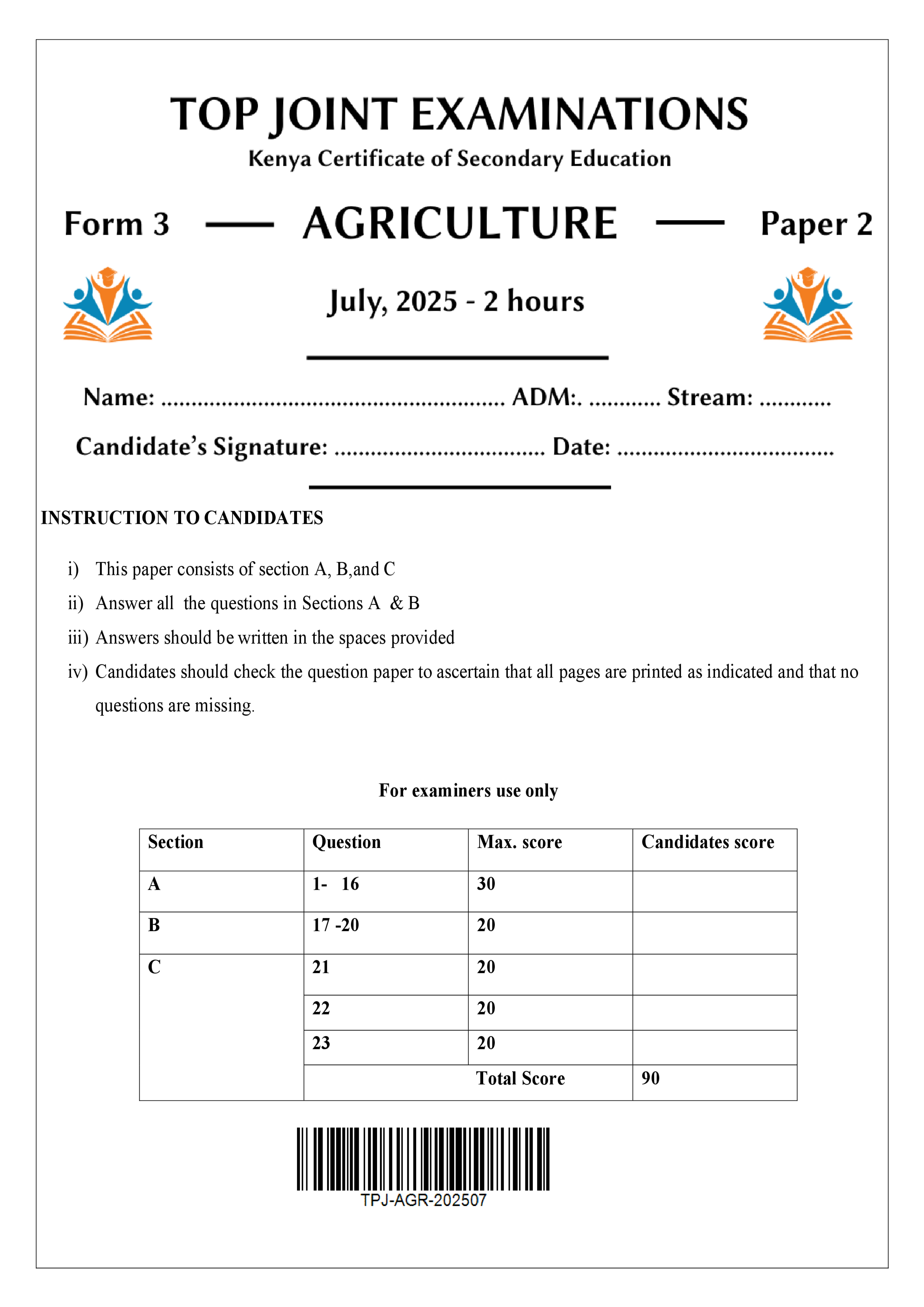 AGRICULTURE FORM 3 PAPER 2 END TERM 2 2025