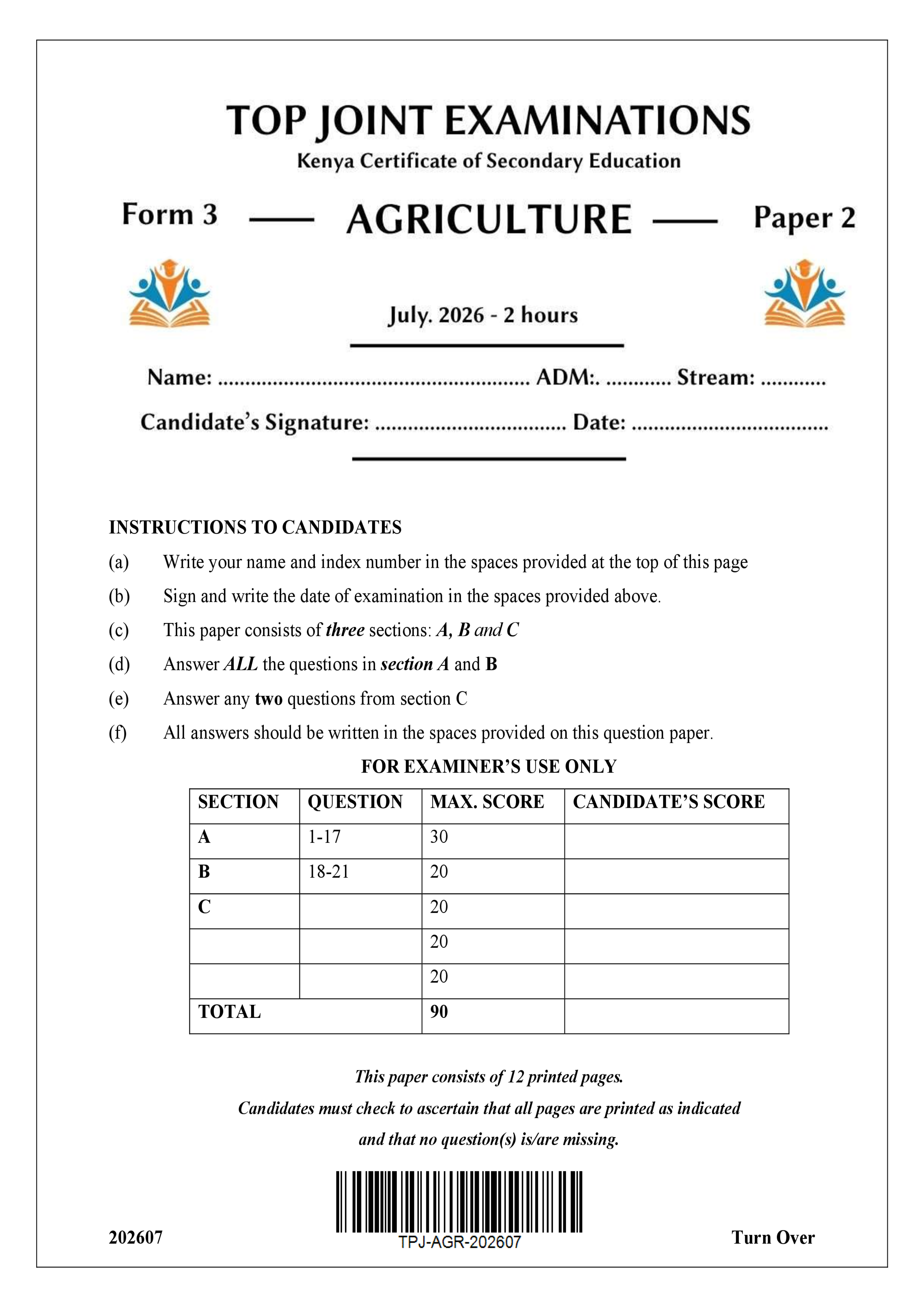AGRICULTURE FORM 3 PAPER 2 END TERM 2 2026