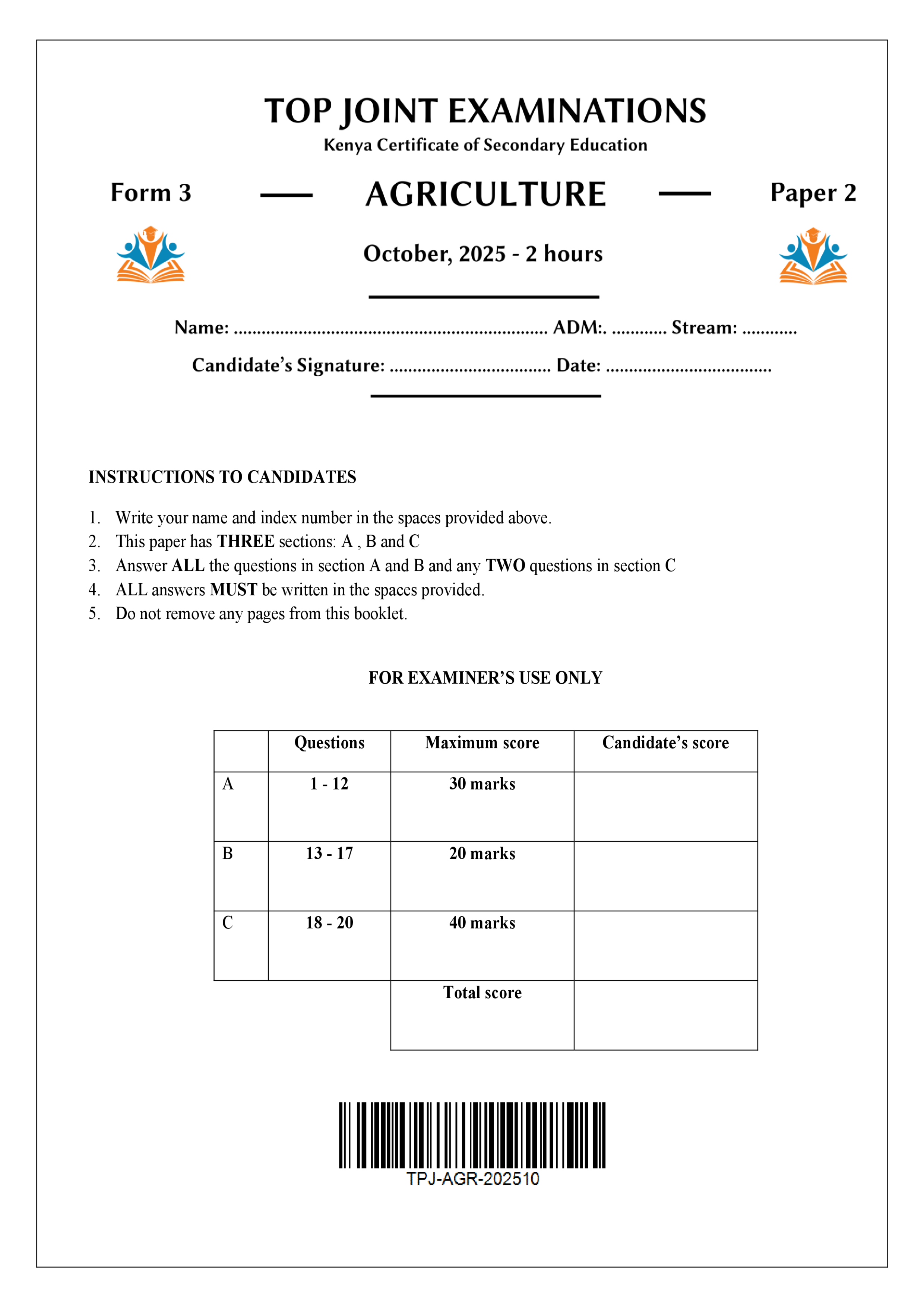AGRICULTURE FORM 3 PAPER 2 END TERM 3 2025