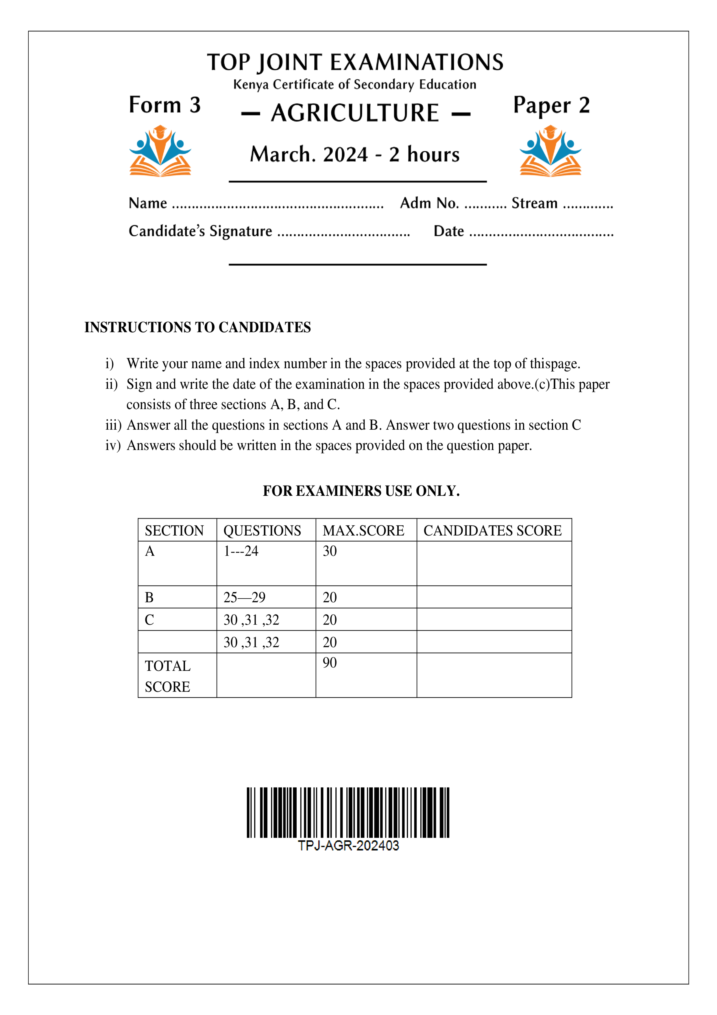 AGRICULTURE FORM 3 PAPER 2 END TERM 1 2024