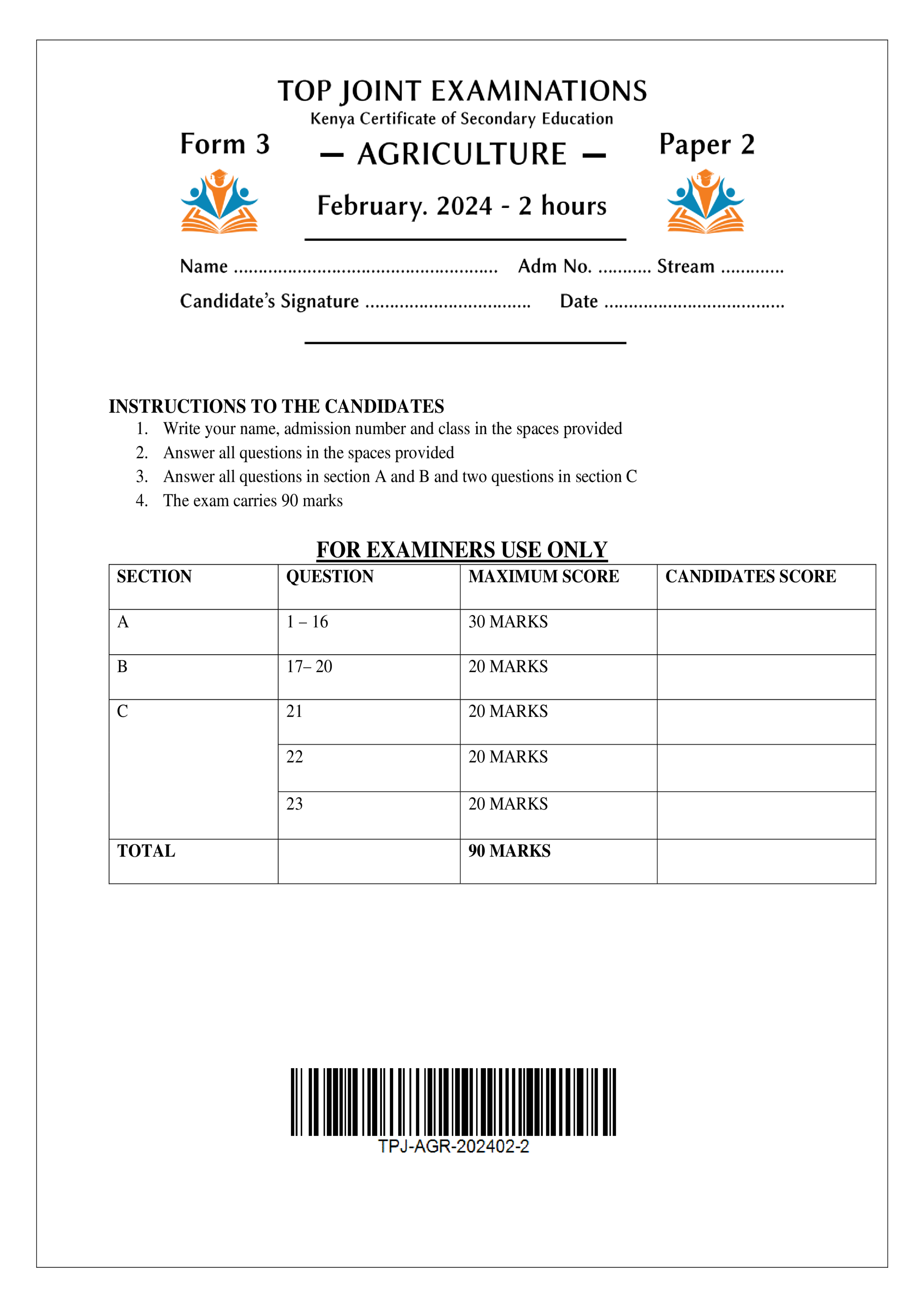 AGRICULTURE FORM 3 PAPER 2 MID TERM 1 2024