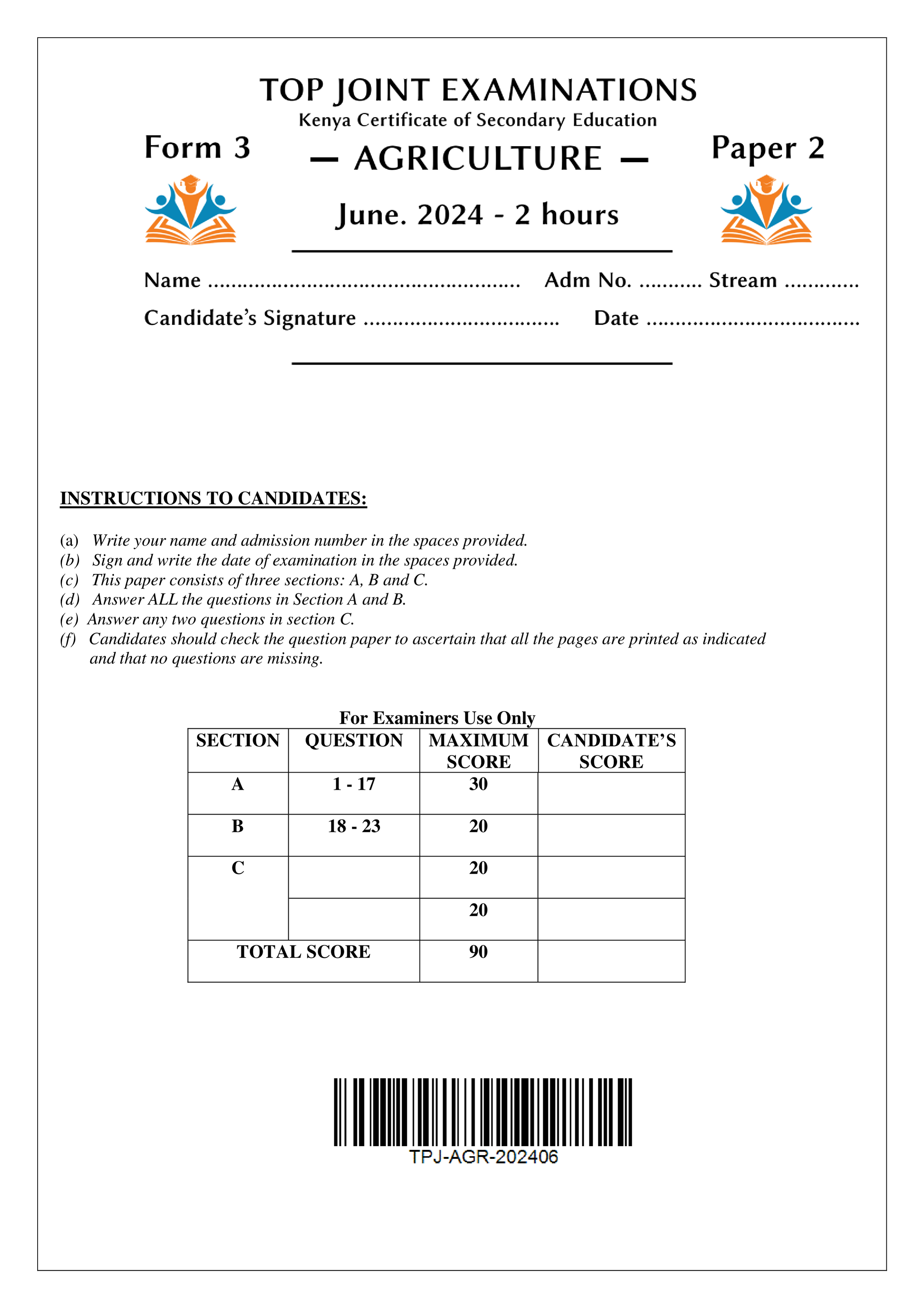 AGRICULTURE FORM 3 PAPER 2 MID TERM 2 2024