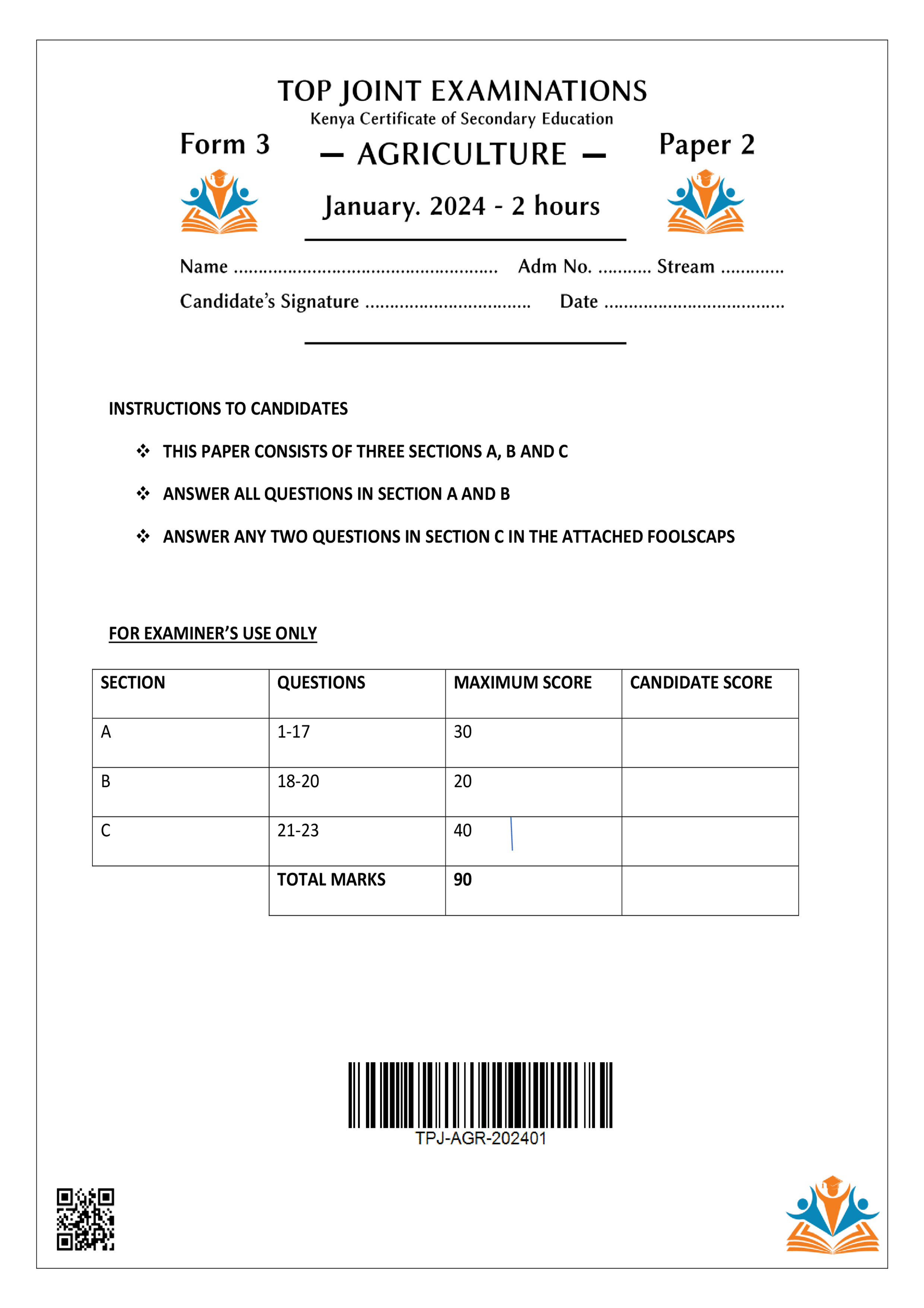AGRICULTURE FORM 3 PAPER 2 OPENER TERM 1 2024