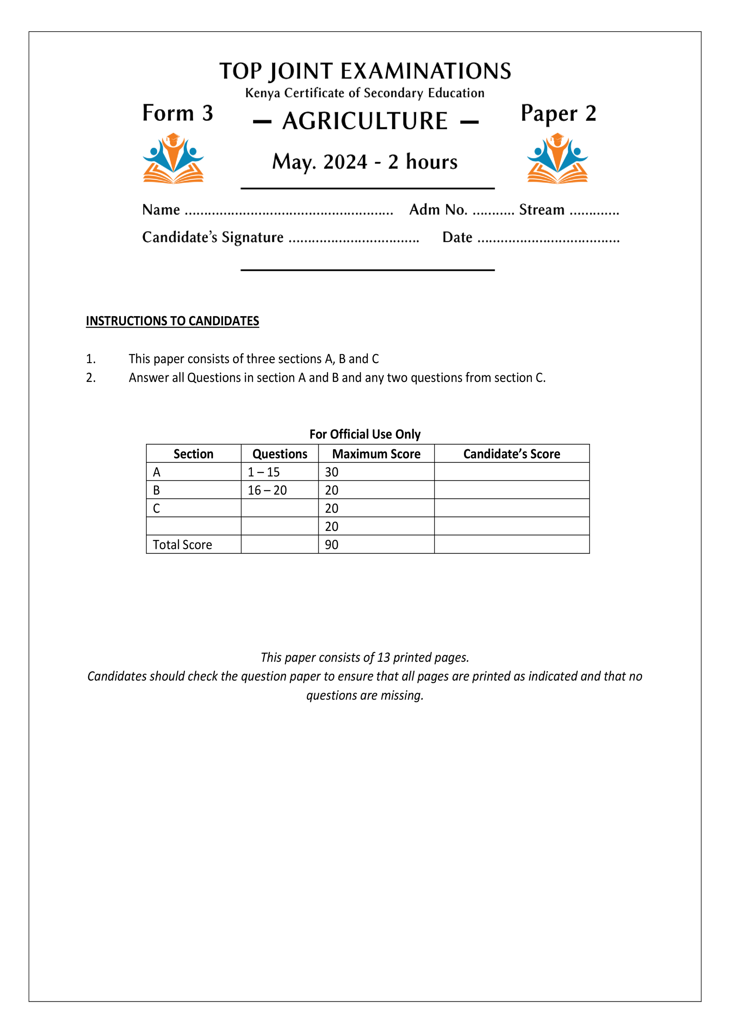 AGRICULTURE FORM 3 PAPER 2 OPENER TERM 2 2024