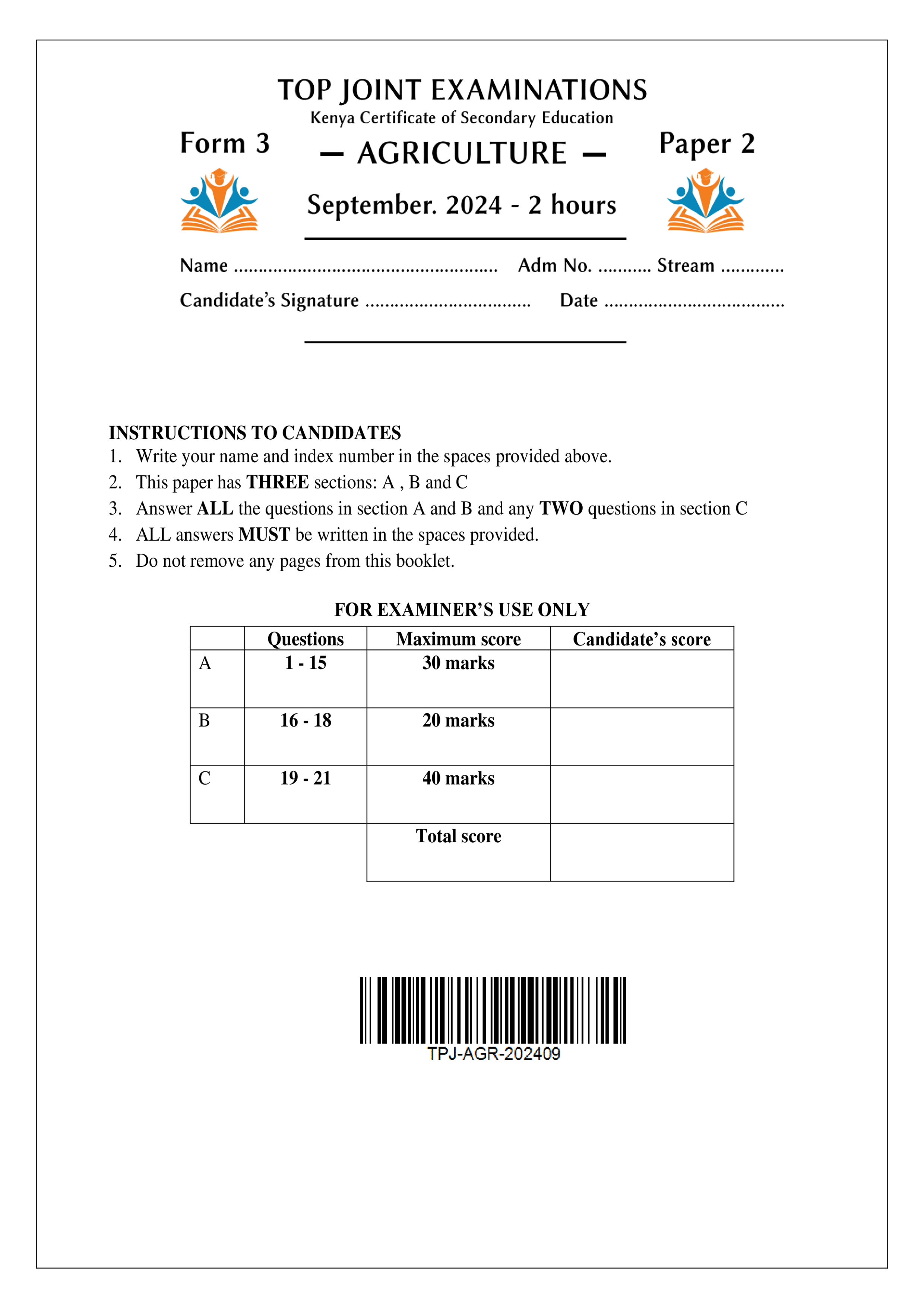 AGRICULTURE FORM 3 PAPER 2 SERIES 1 TERM 3 2024
