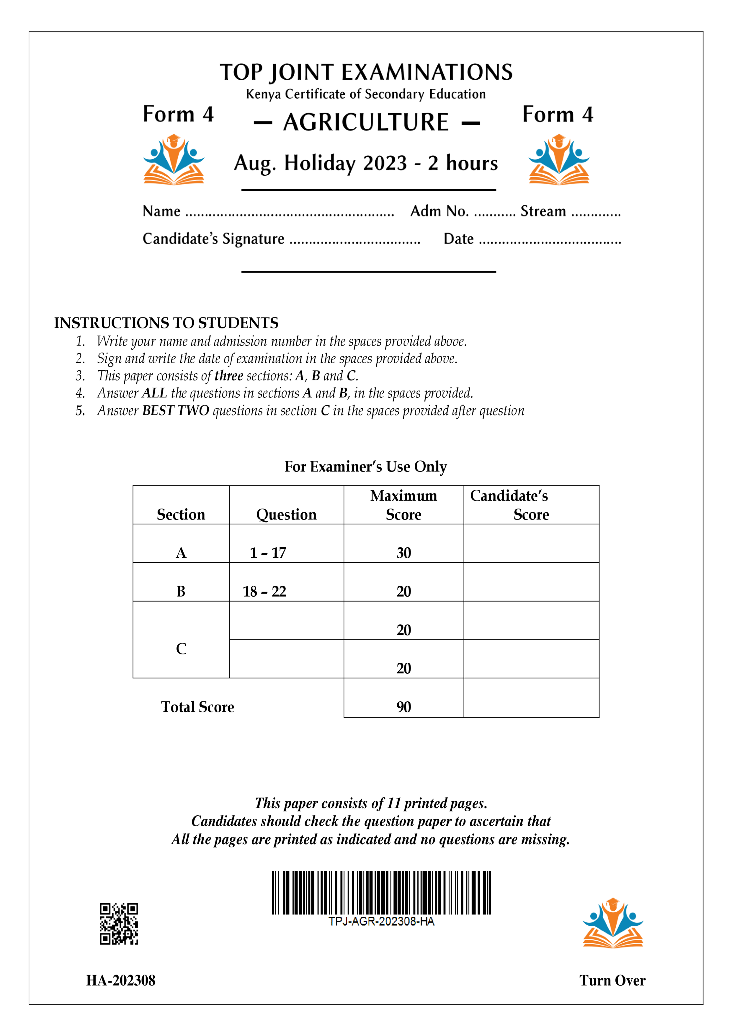 AGRICULTURE FORM 4 AUGUST 2023 HOLIDAY ASSIGNMENT