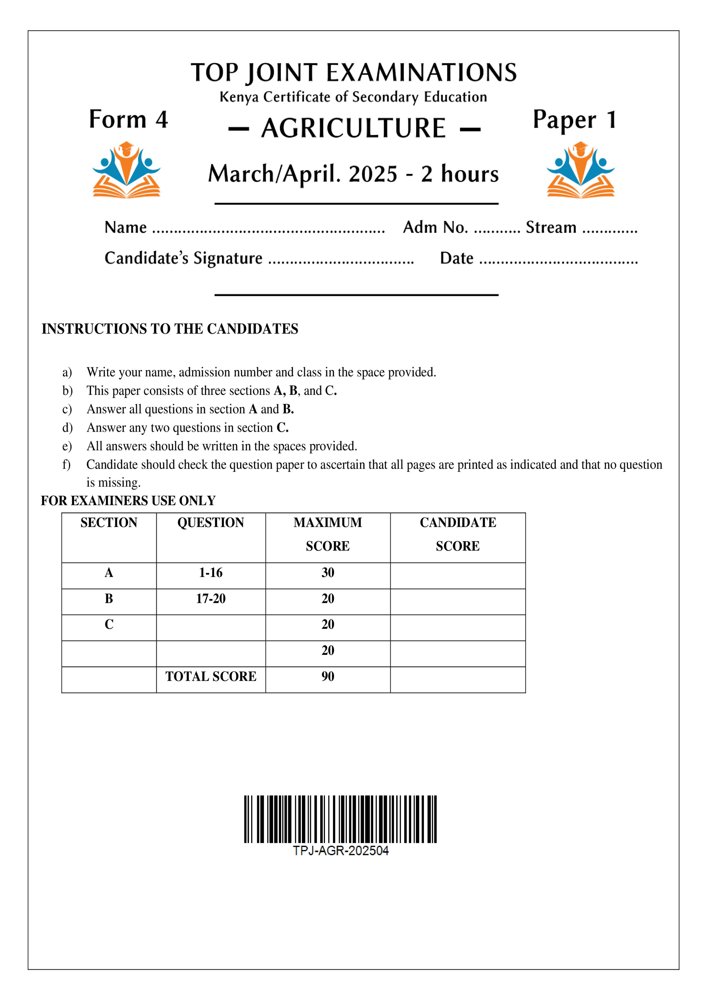 AGRICULTURE FORM 4 PAPER 1 END TERM 1 2025