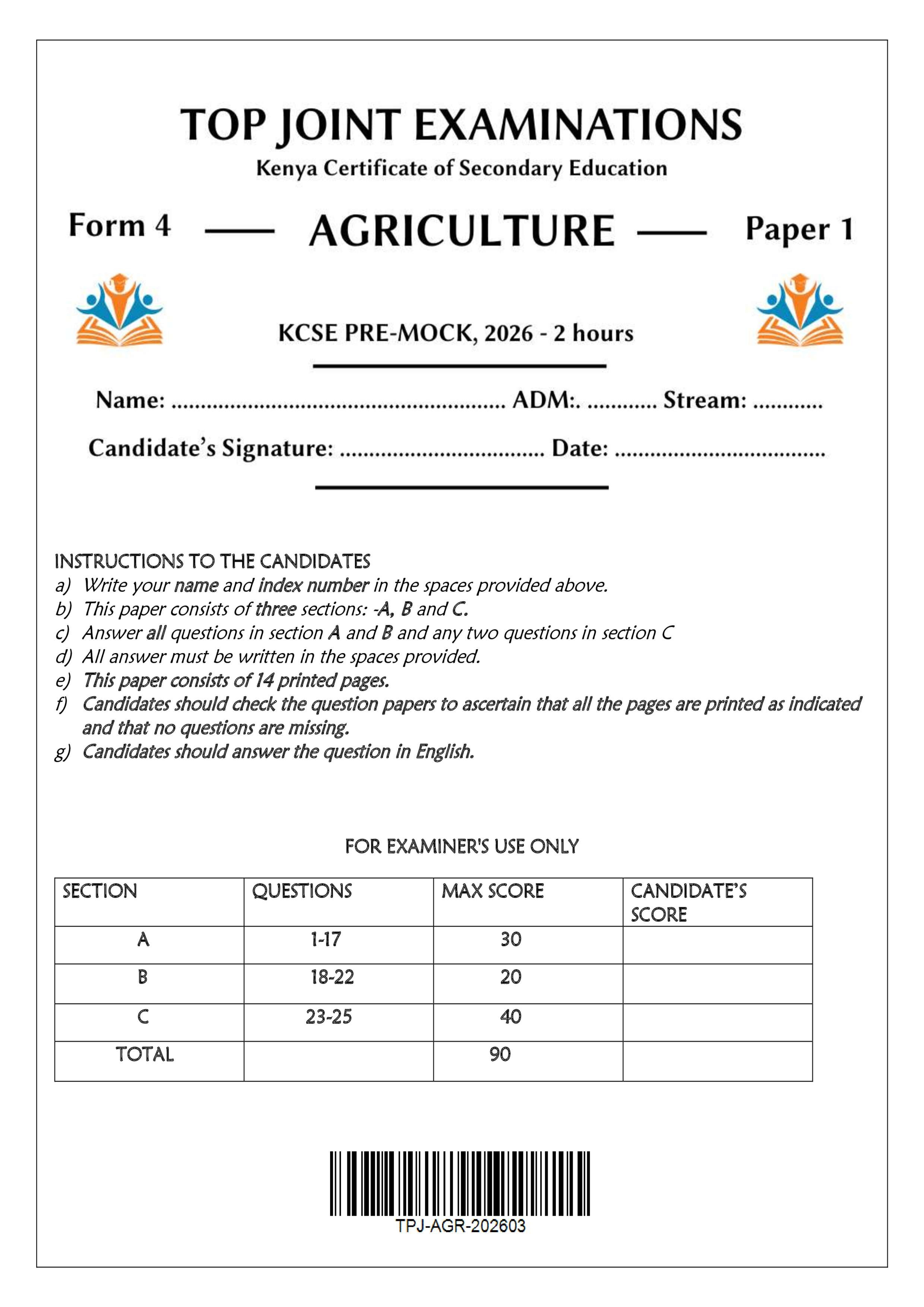 AGRICULTURE FORM 4 PAPER 1 END TERM 1 2026