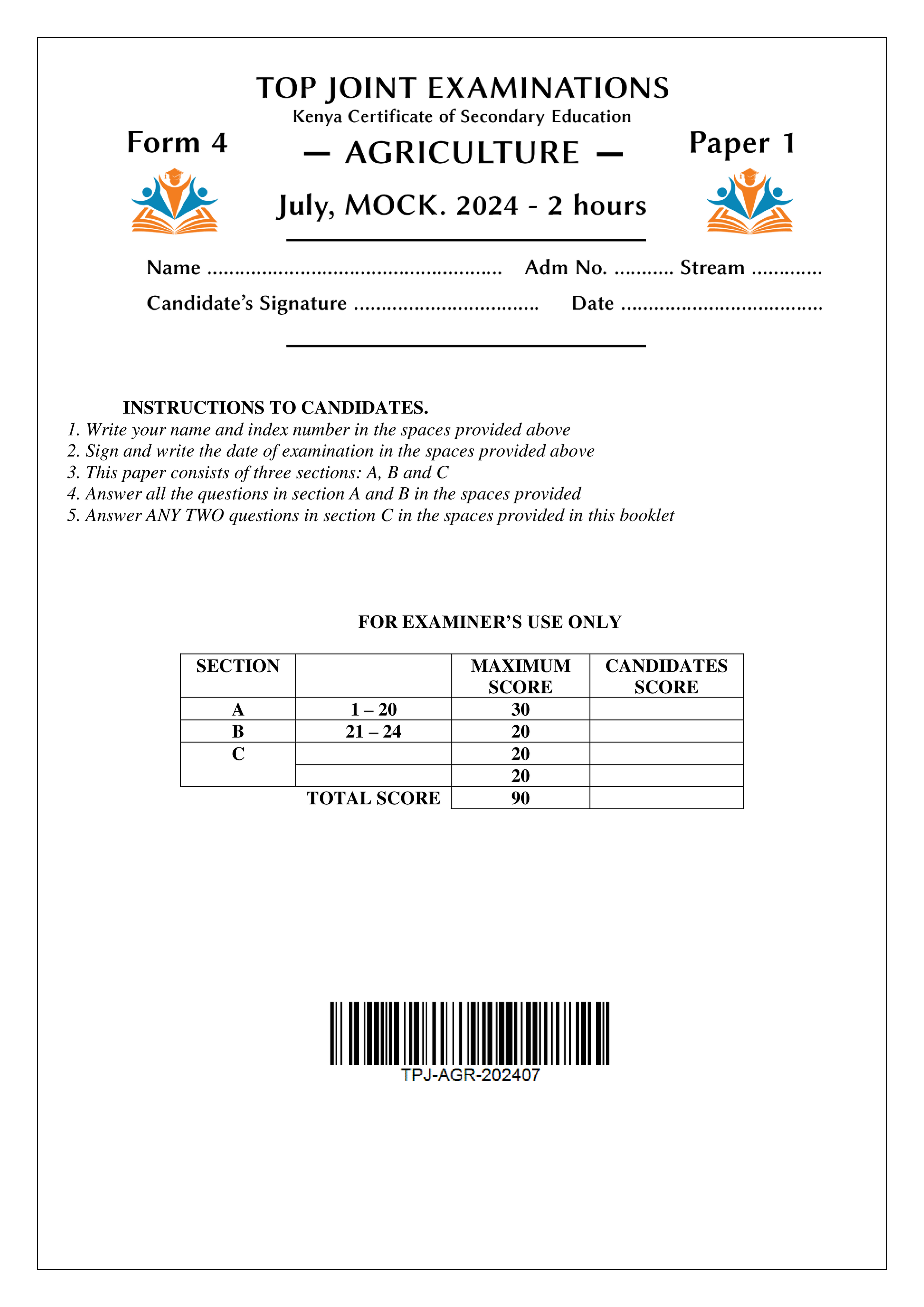 AGRICULTURE FORM 4 PAPER 1 KCSE MOCK 2024