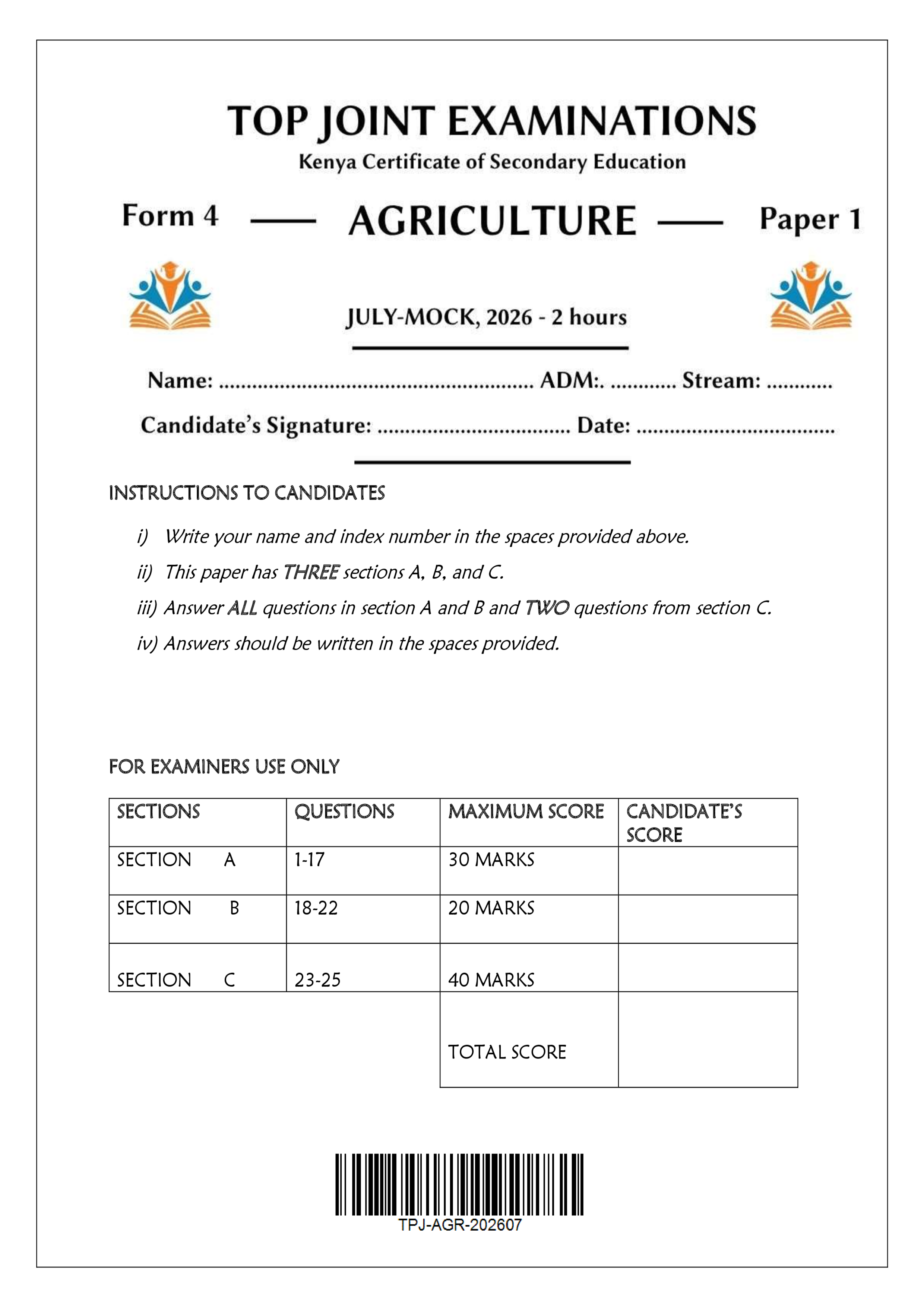 AGRICULTURE FORM 4 PAPER 1 END TERM 2 2026