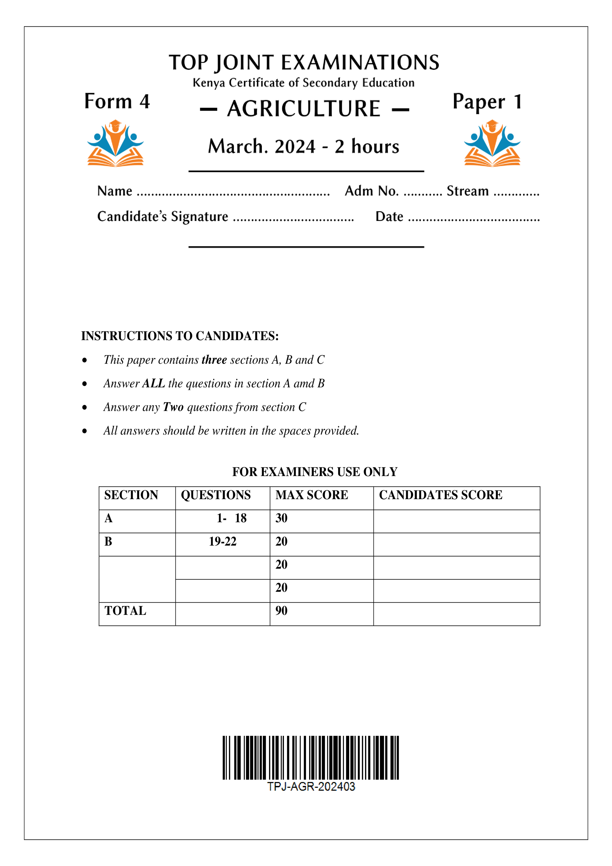 AGRICULTURE FORM 4 PAPER 1 END TERM 1 2024
