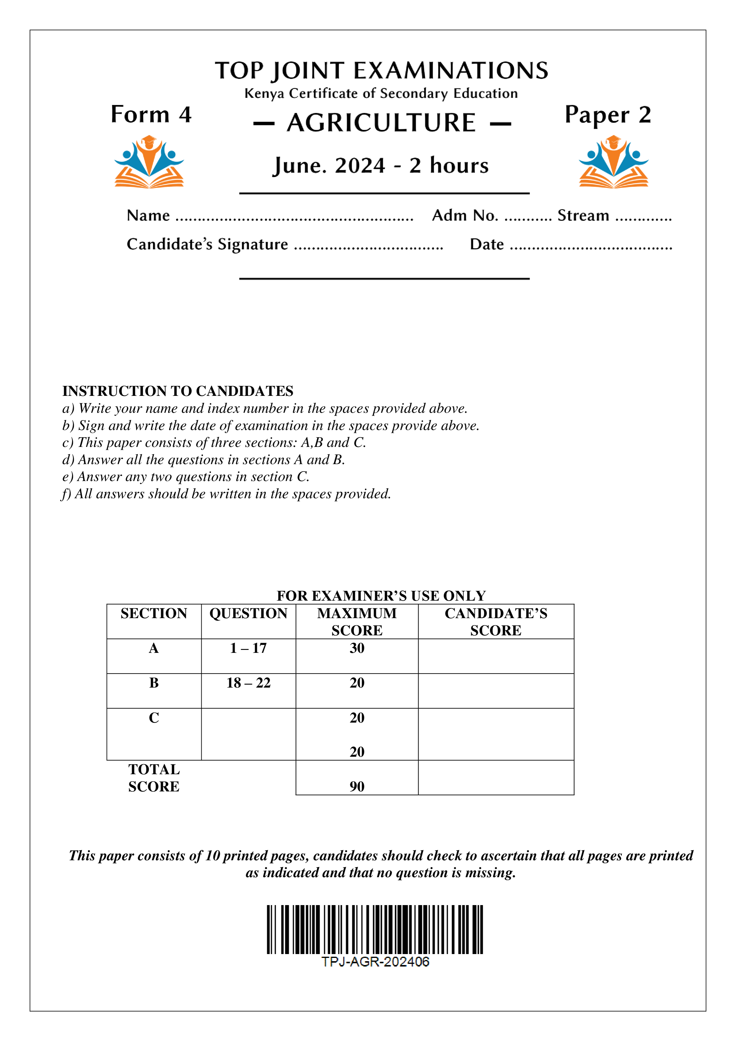 AGRICULTURE FORM 4 PAPER 1 MID TERM 2 2024