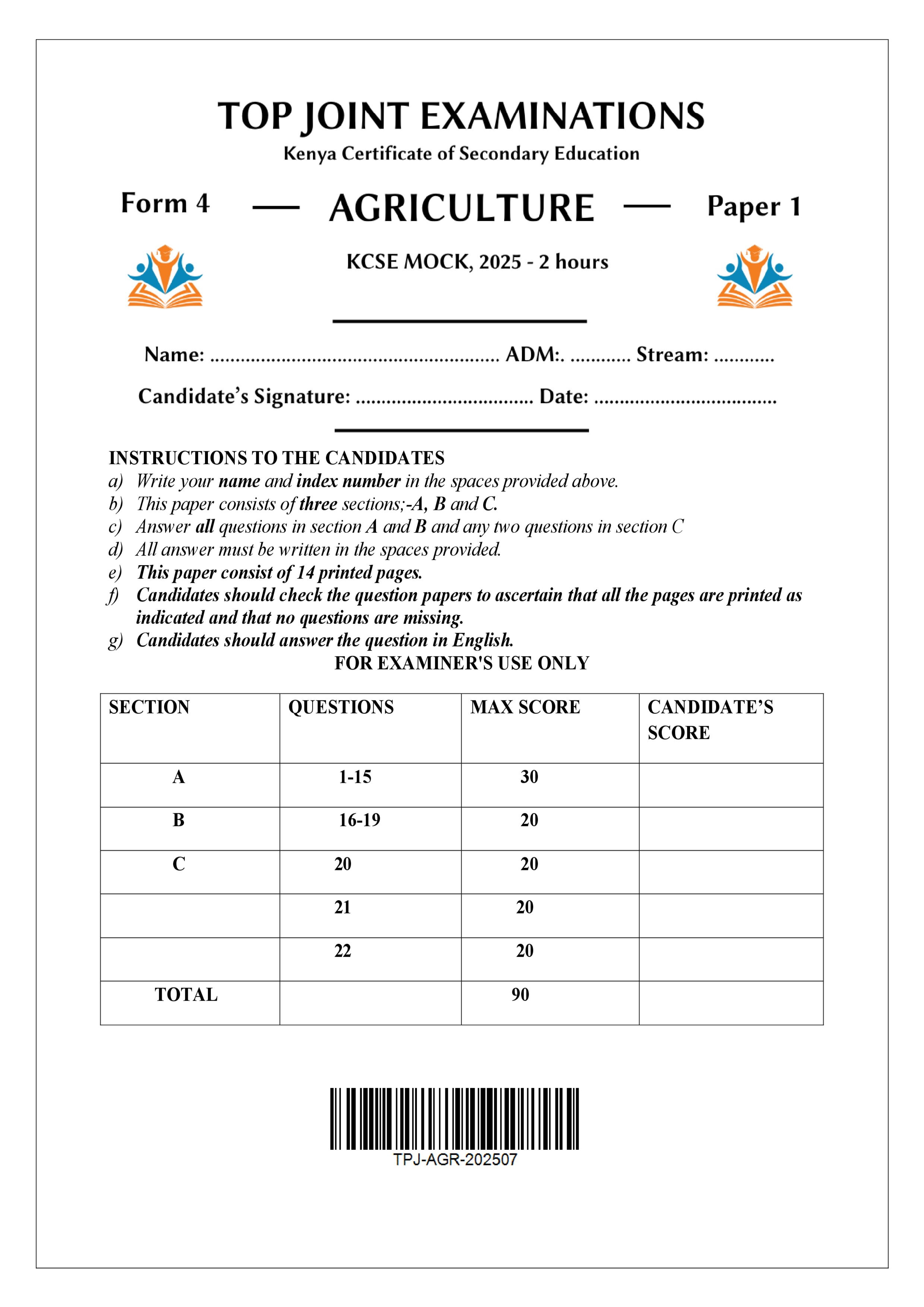AGRICULTURE FORM 4 PAPER 1 MOCK 2025