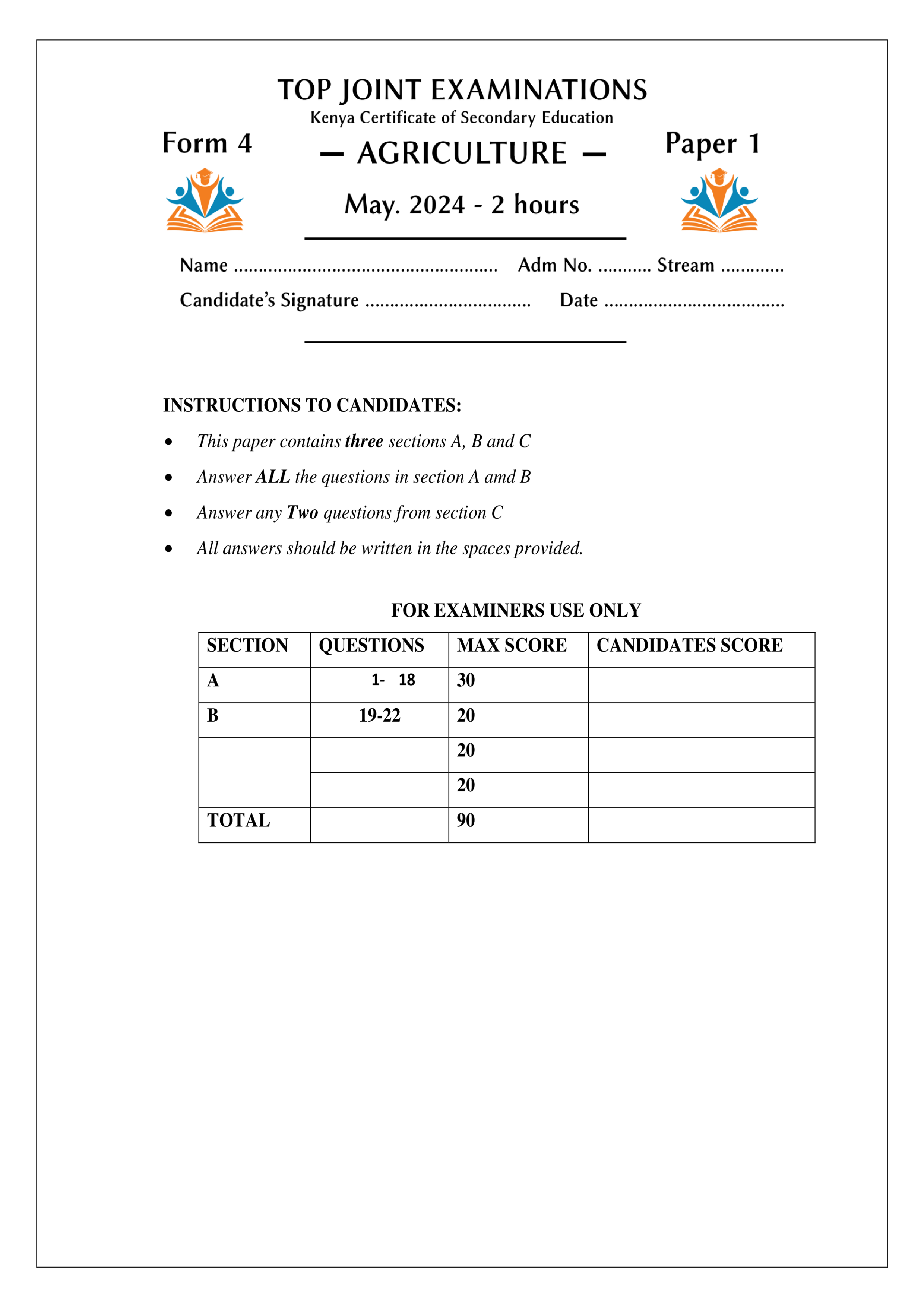 AGRICULTURE FORM 4 PAPER 1 OPENER TERM 2 2024